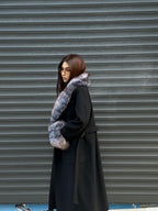 Women’s Long Black Cashmere Coat, Handmade Collar Cuffs Fox Fur Jacket