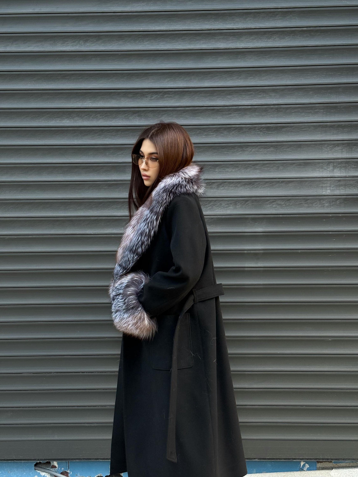 Women’s Long Black Cashmere Coat, Handmade Collar Cuffs Fox Fur Jacket