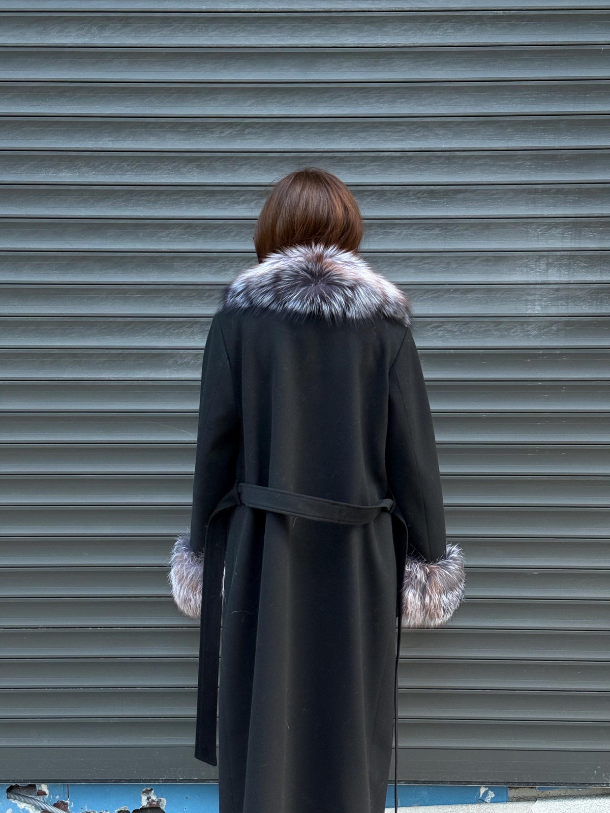 Women’s Long Black Cashmere Coat, Handmade Collar Cuffs Fox Fur Jacket