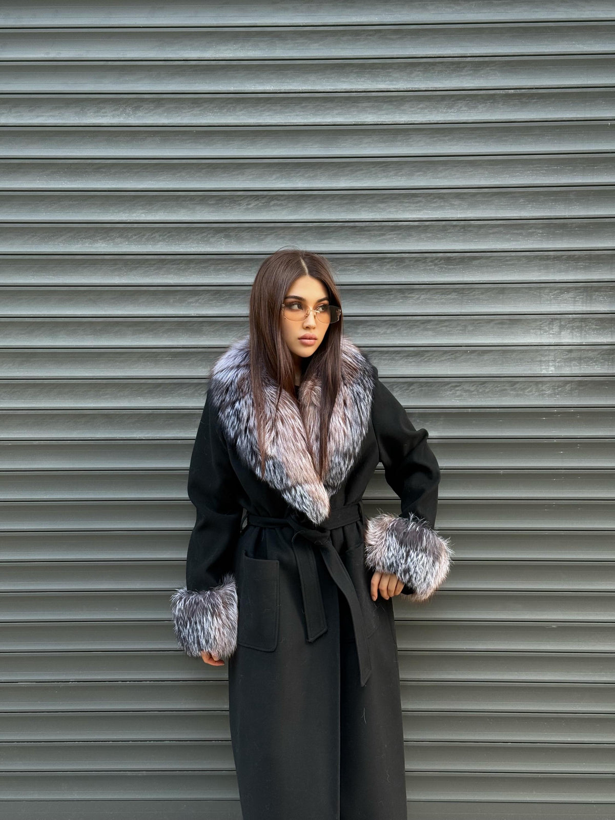 Women’s Long Black Cashmere Coat, Handmade Collar Cuffs Fox Fur Jacket