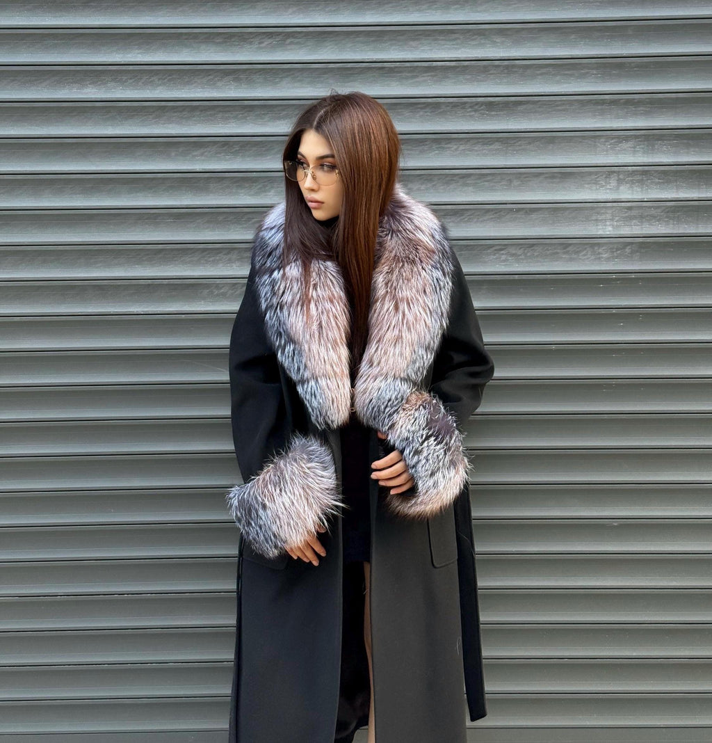 Women’s Long Black Cashmere Coat, Handmade Collar Cuffs Fox Fur Jacket