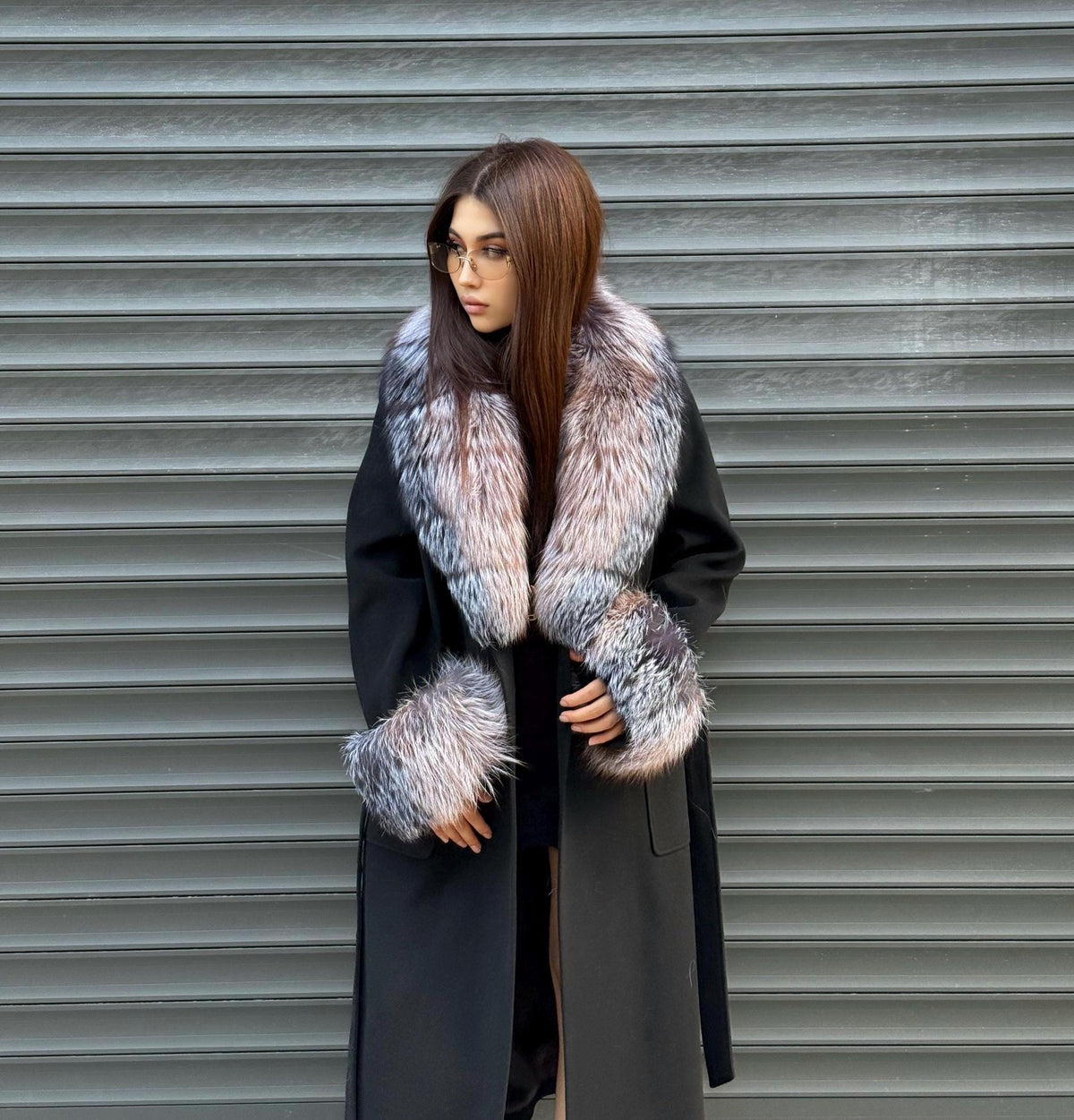 Women’s Long Black Cashmere Coat, Handmade Collar Cuffs Fox Fur Jacket
