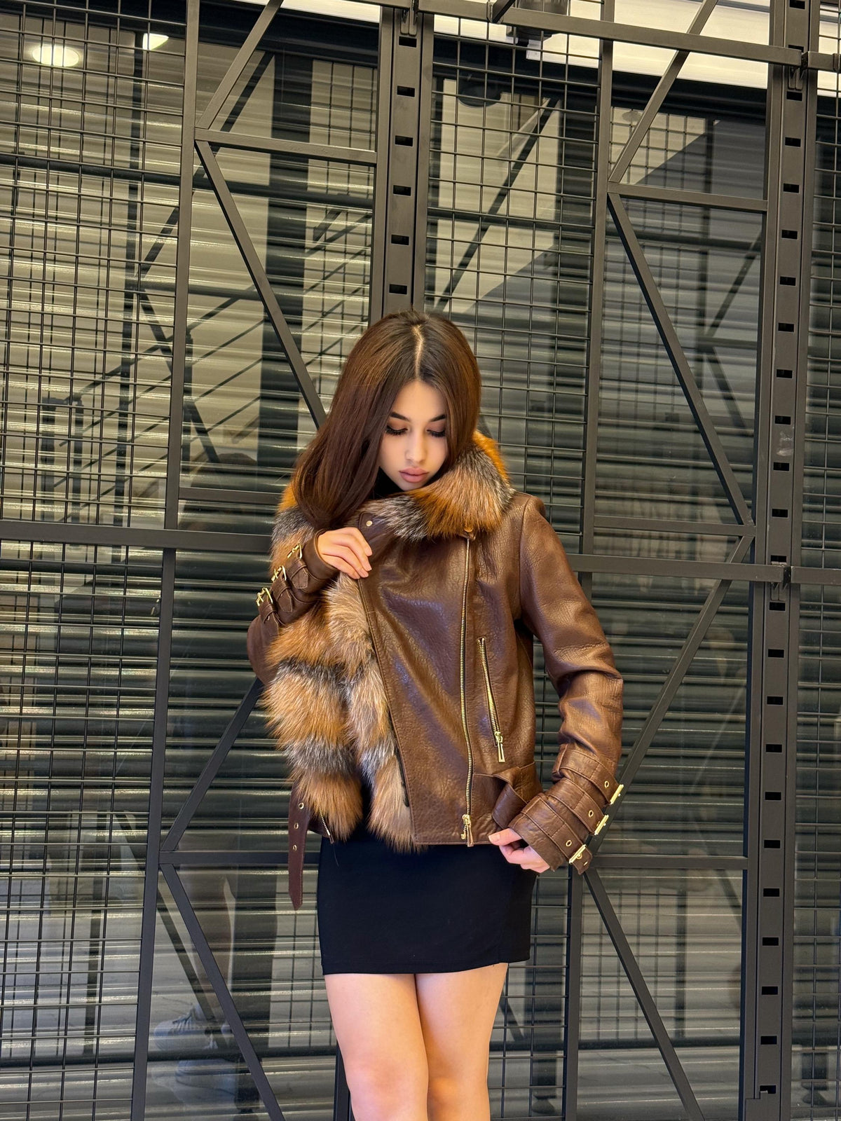 Brown Leather Front Golden Fox Fur Trim Jacket , Women Plus Size Outerwear
