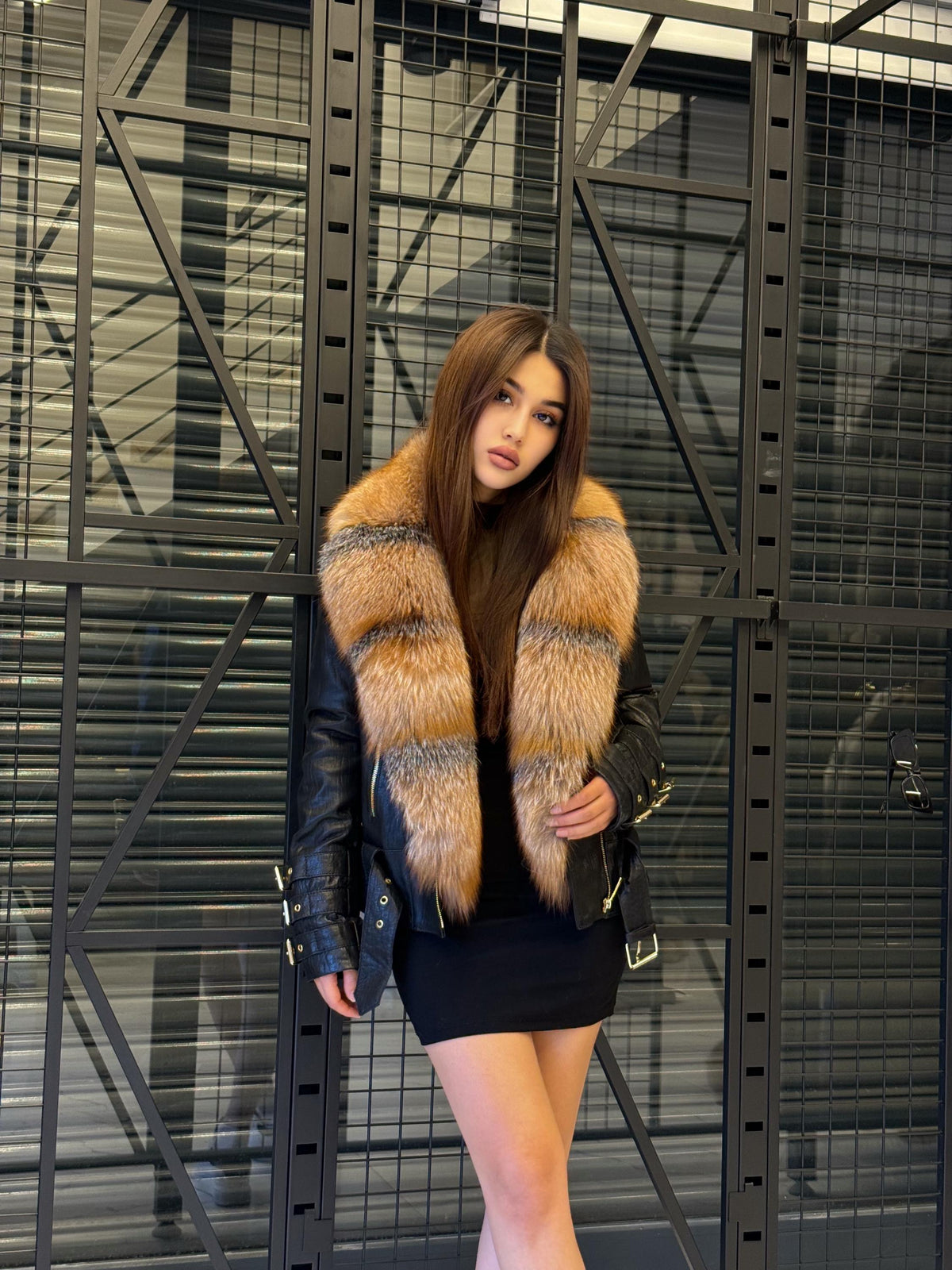 Black Leather Front Golden Fox Fur Jacket, Women Leather Coat