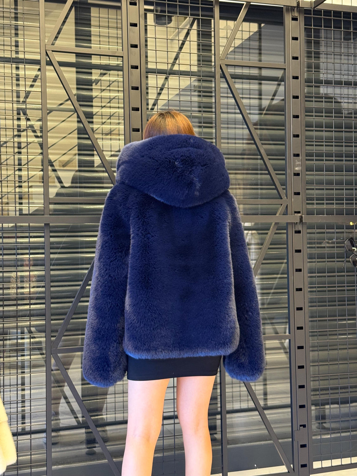 Navy Blue Teddy Faux Fur Coat: Women Vegan Hooded Soft Winter Jacket