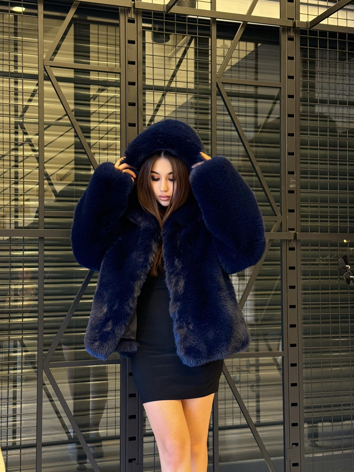 Navy Blue Teddy Faux Fur Coat: Women Vegan Hooded Soft Winter Jacket