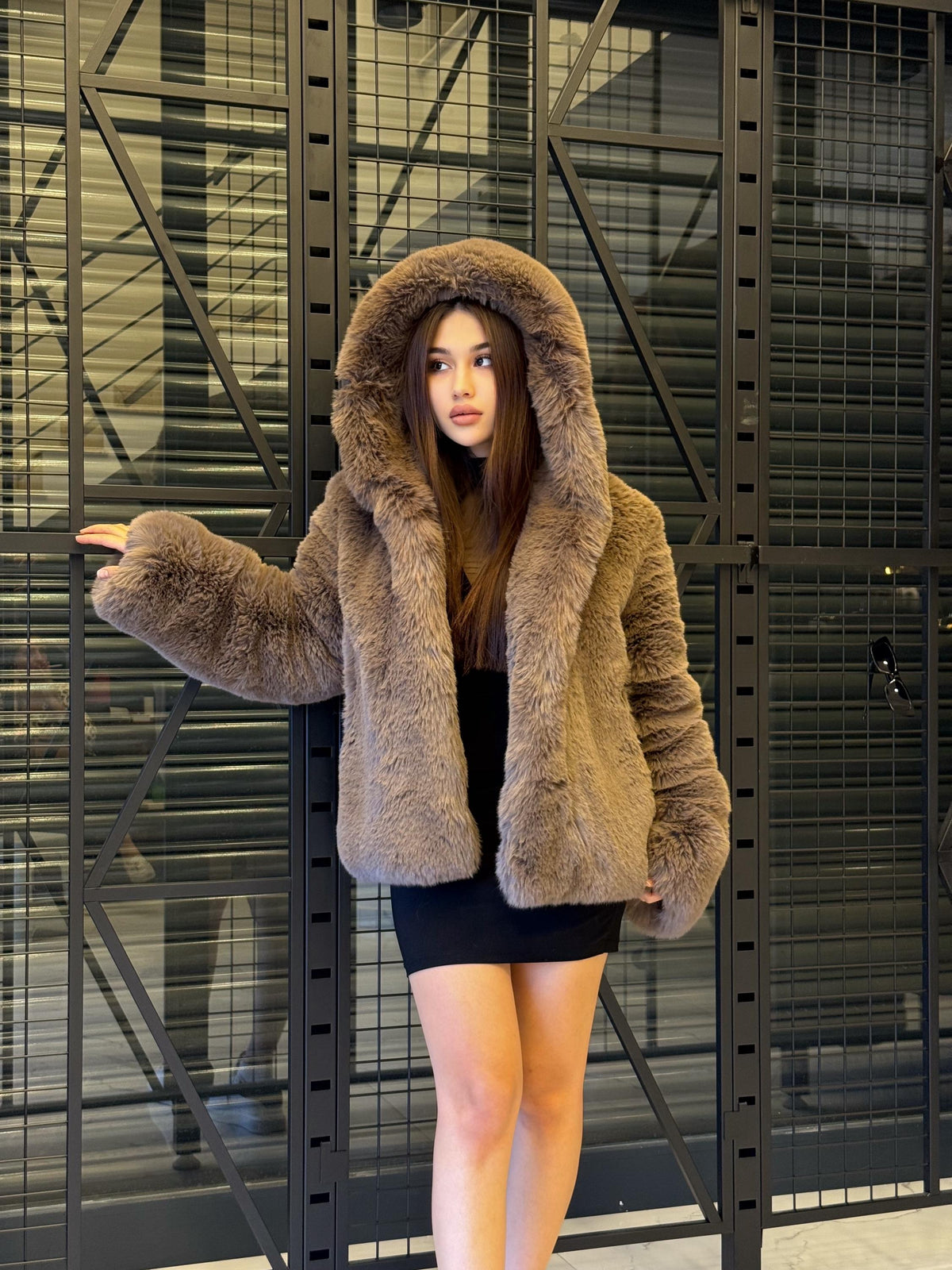 Handmade Brown Faux Teddy Fur Jacket, Luxury Women Hooded Vegan Fur Coat