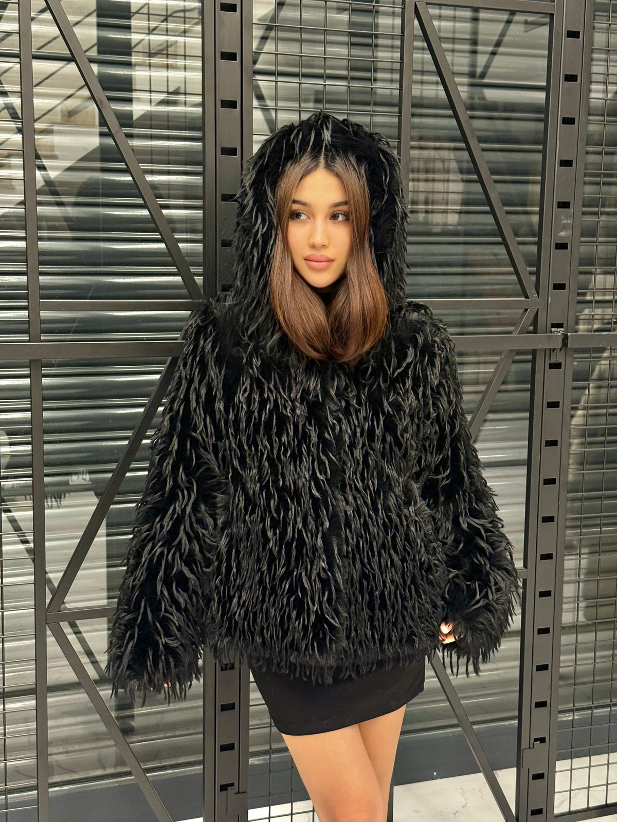 Luxury Black Shaggy Faux Fur Jacket – Long Hair Statement Vegan Ostrich Fur Coat by MiaFur