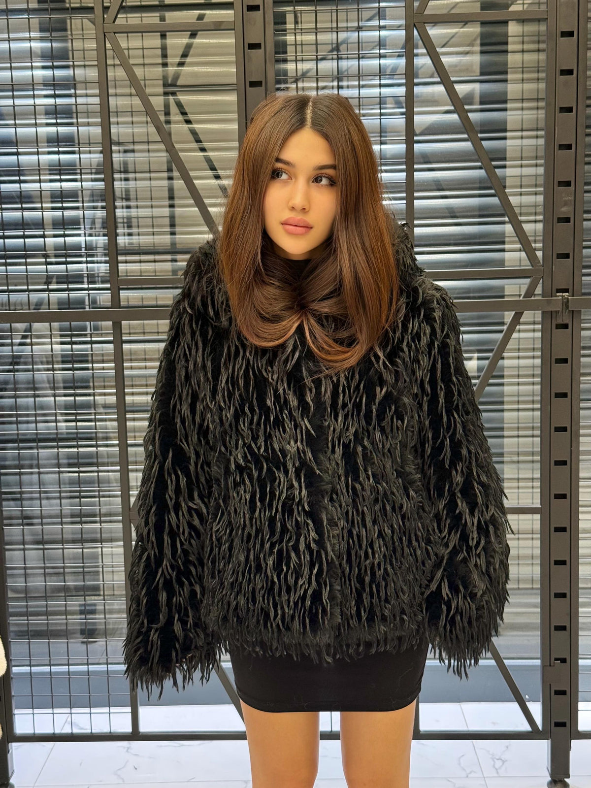 Luxury Black Shaggy Faux Fur Jacket – Long Hair Statement Vegan Ostrich Fur Coat by MiaFur