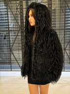Luxury Black Shaggy Faux Fur Jacket – Long Hair Statement Vegan Ostrich Fur Coat by MiaFur
