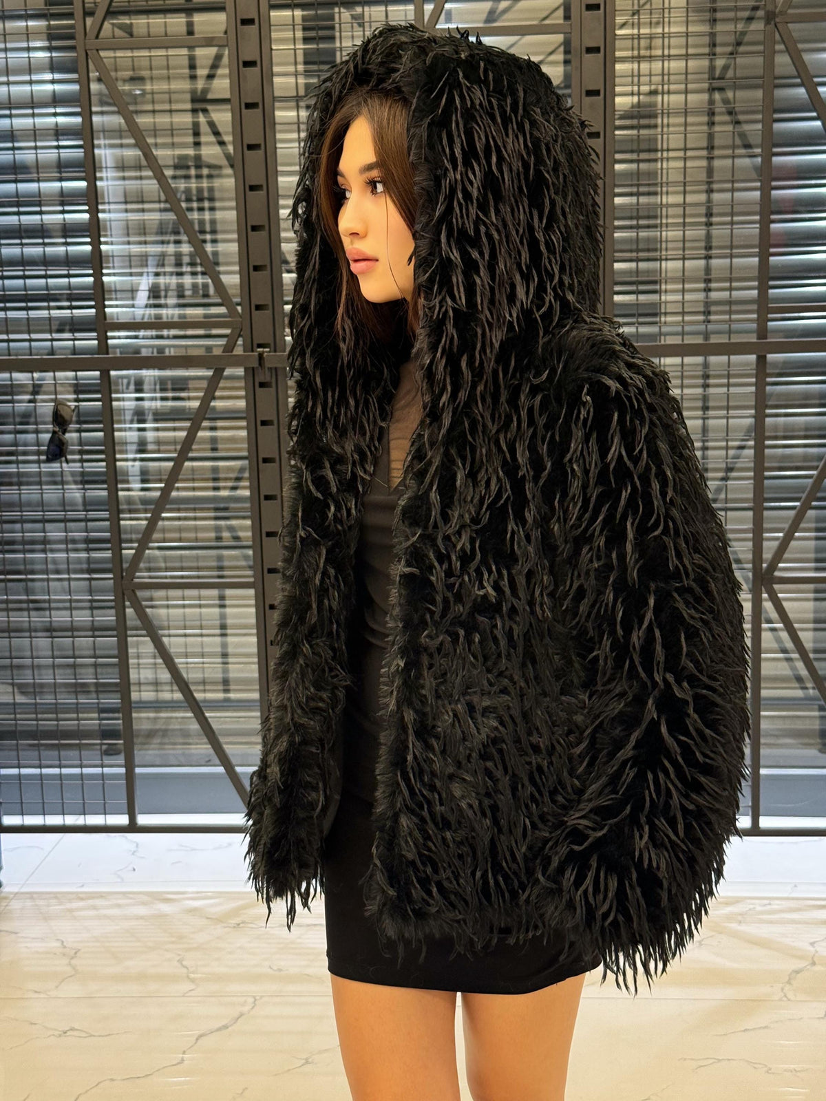 Luxury Black Shaggy Faux Fur Jacket – Long Hair Statement Vegan Ostrich Fur Coat by MiaFur