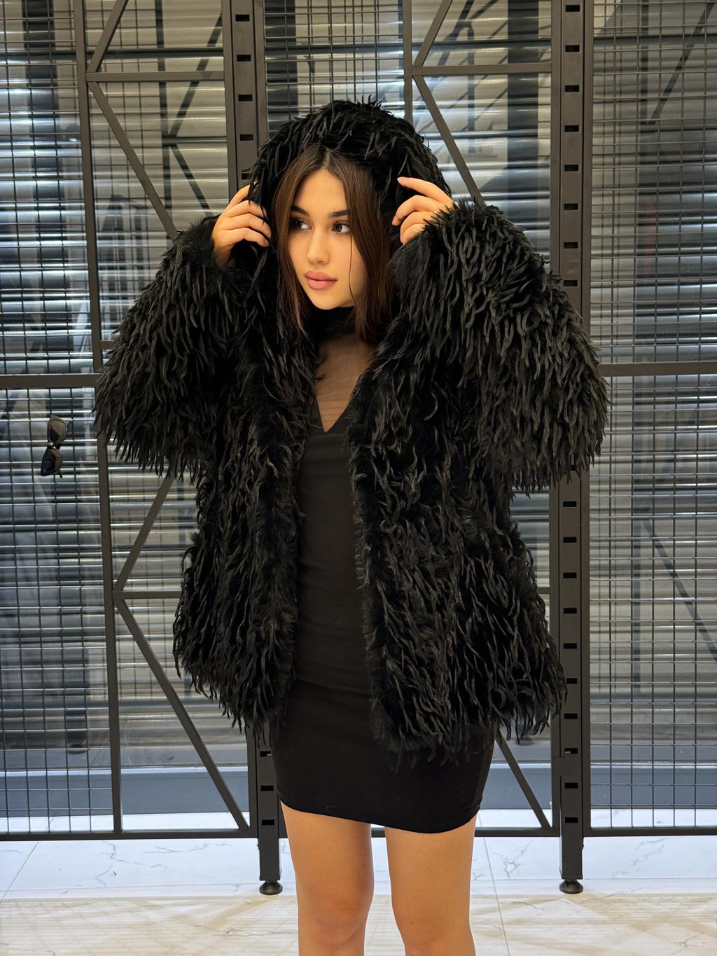 Luxury Black Shaggy Faux Fur Jacket – Long Hair Statement Vegan Ostrich Fur Coat by MiaFur