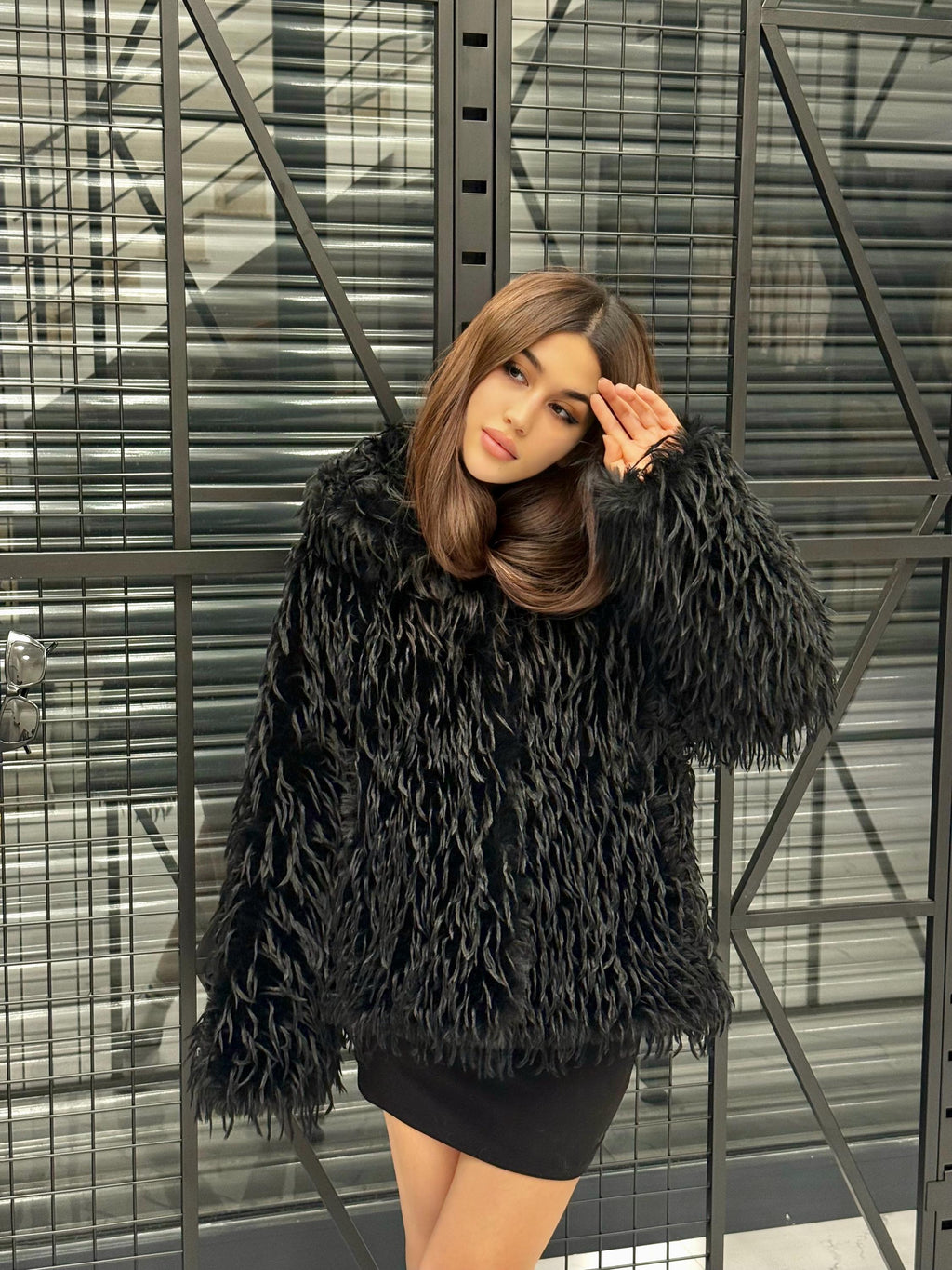 Luxury Black Shaggy Faux Fur Jacket – Long Hair Statement Vegan Ostrich Fur Coat by MiaFur