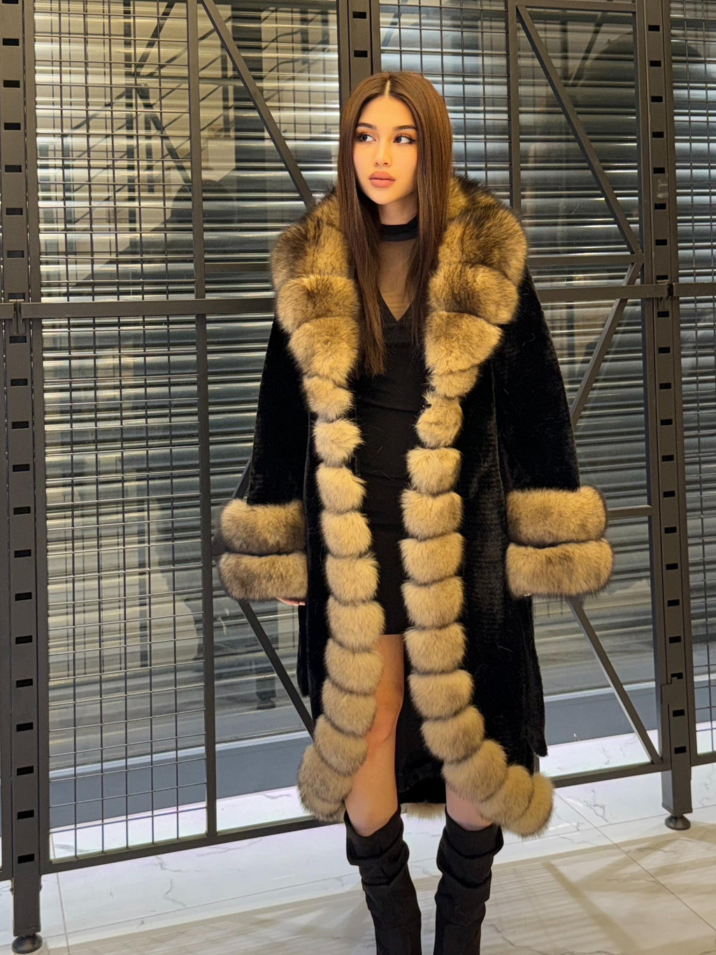 Black Long Alcantara Coat. Front & Cuffs Fox Fuf Jacket, Women Fox Fur Jacket. Brown Fox Fur Coat./ Fox Fur