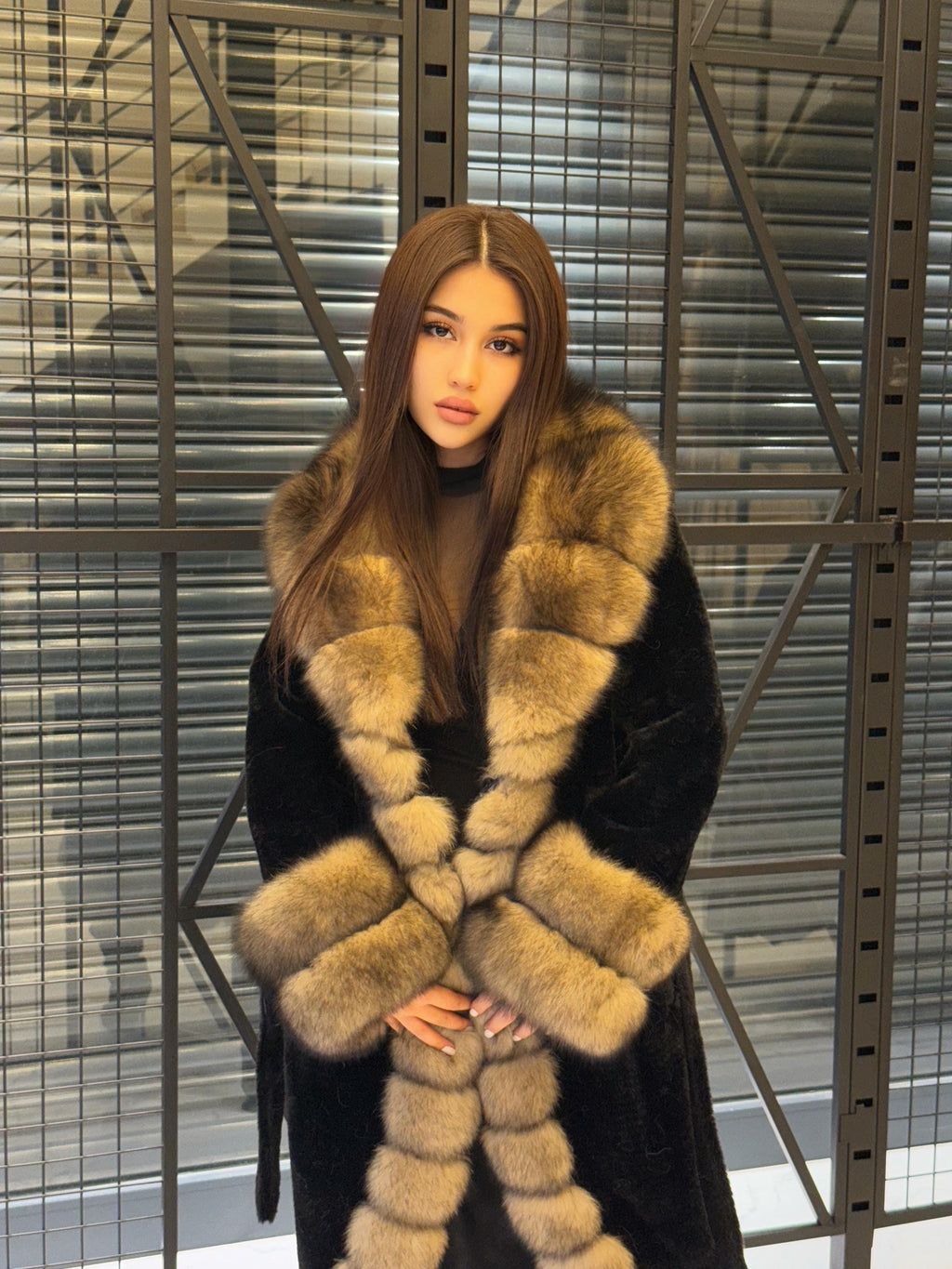 Black Long Alcantara Coat. Front & Cuffs Fox Fuf Jacket, Women Fox Fur Jacket. Brown Fox Fur Coat./ Fox Fur