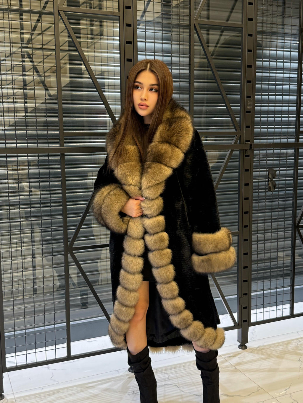 Black Long Alcantara Coat. Front & Cuffs Fox Fuf Jacket, Women Fox Fur Jacket. Brown Fox Fur Coat./ Fox Fur