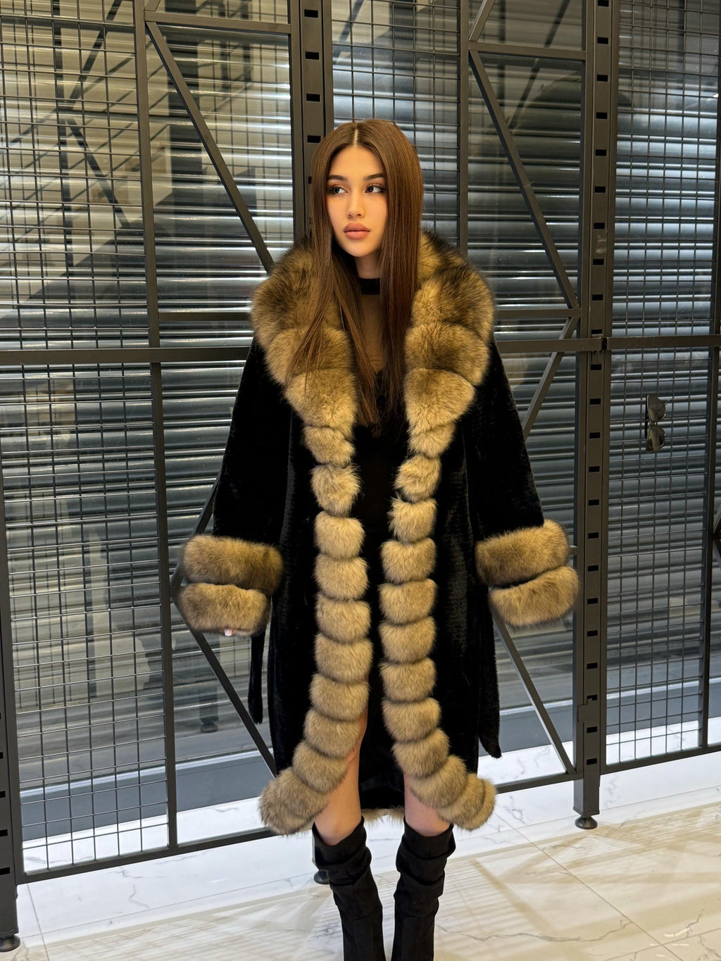 Black Long Alcantara Coat. Front & Cuffs Fox Fuf Jacket, Women Fox Fur Jacket. Brown Fox Fur Coat./ Fox Fur
