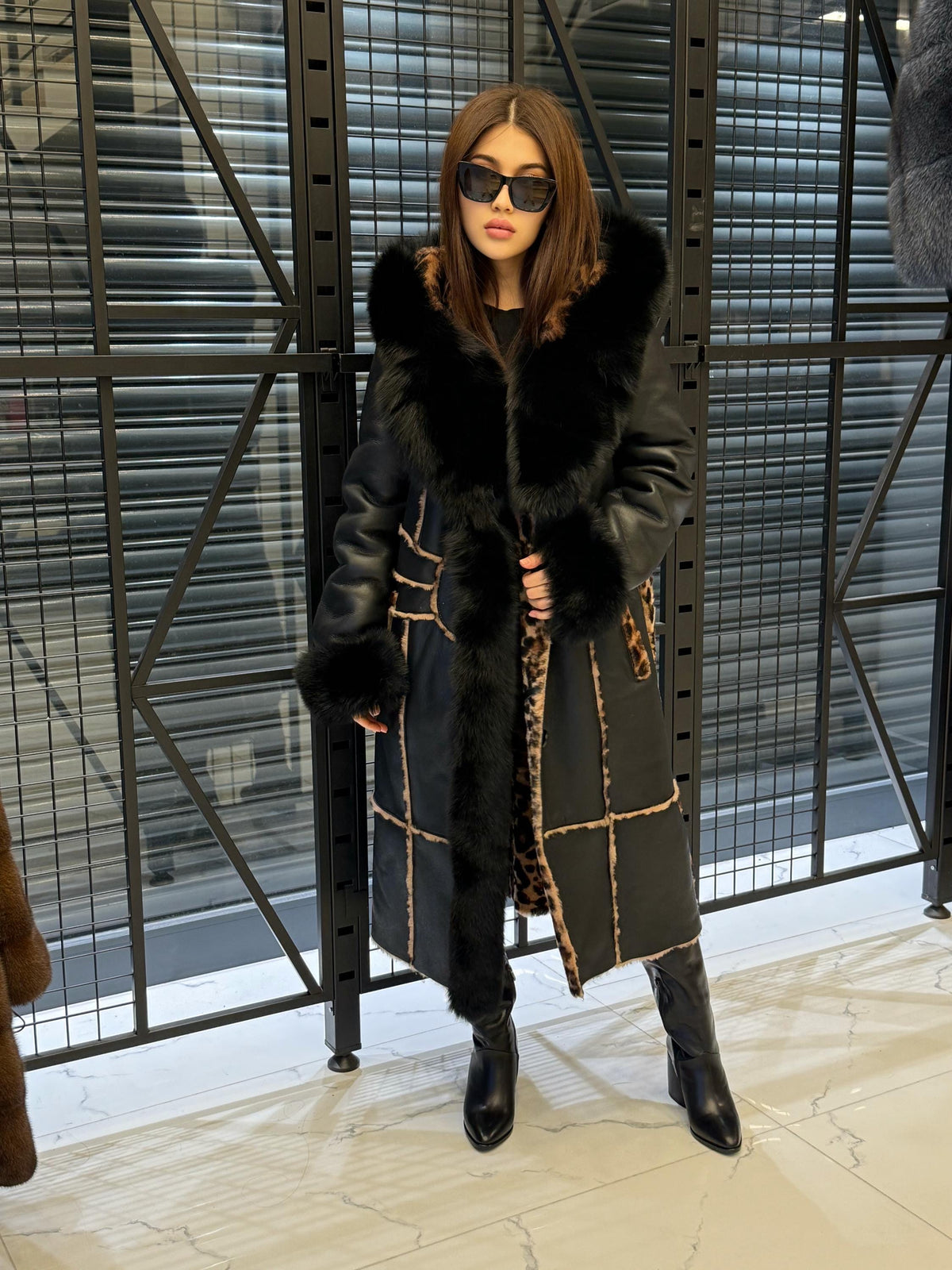 Black Hooded Shearling Coat Fox Fur Trim, Luxury Long Winter Lamb Fur Jacket