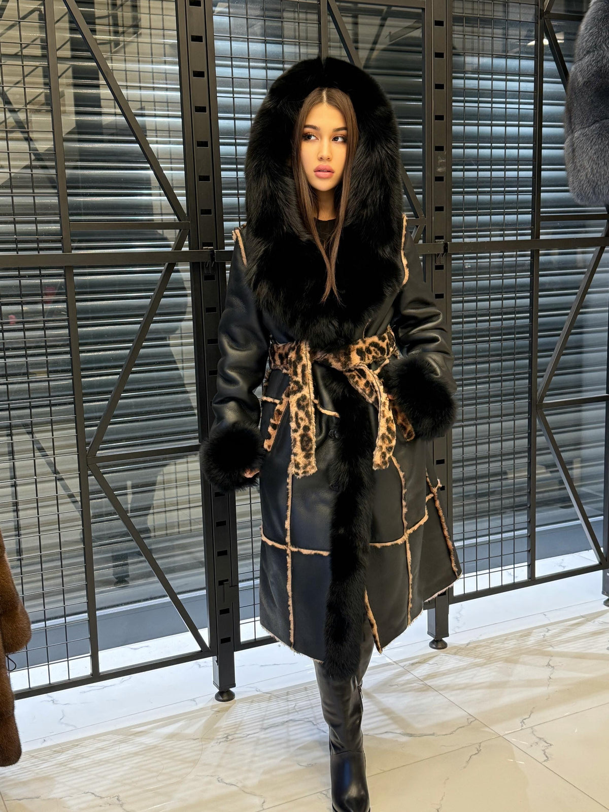 Black Hooded Shearling Coat Fox Fur Trim, Luxury Long Winter Lamb Fur Jacket