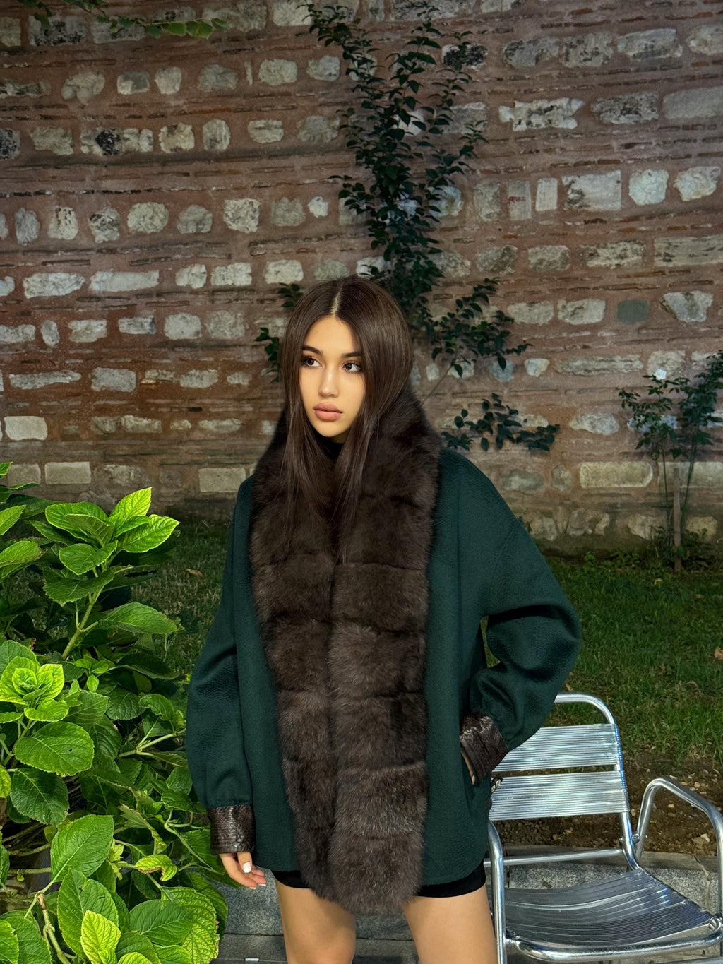 Emerald Green Zibellino Alpaca Jacket, Women’s Handmade Short Virgin Wool & Front Fox Fur Coat