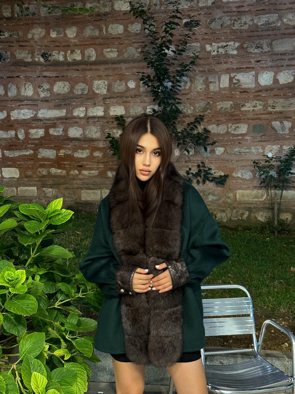 Emerald Green Zibellino Alpaca Jacket, Women’s Handmade Short Virgin Wool & Front Fox Fur Coat