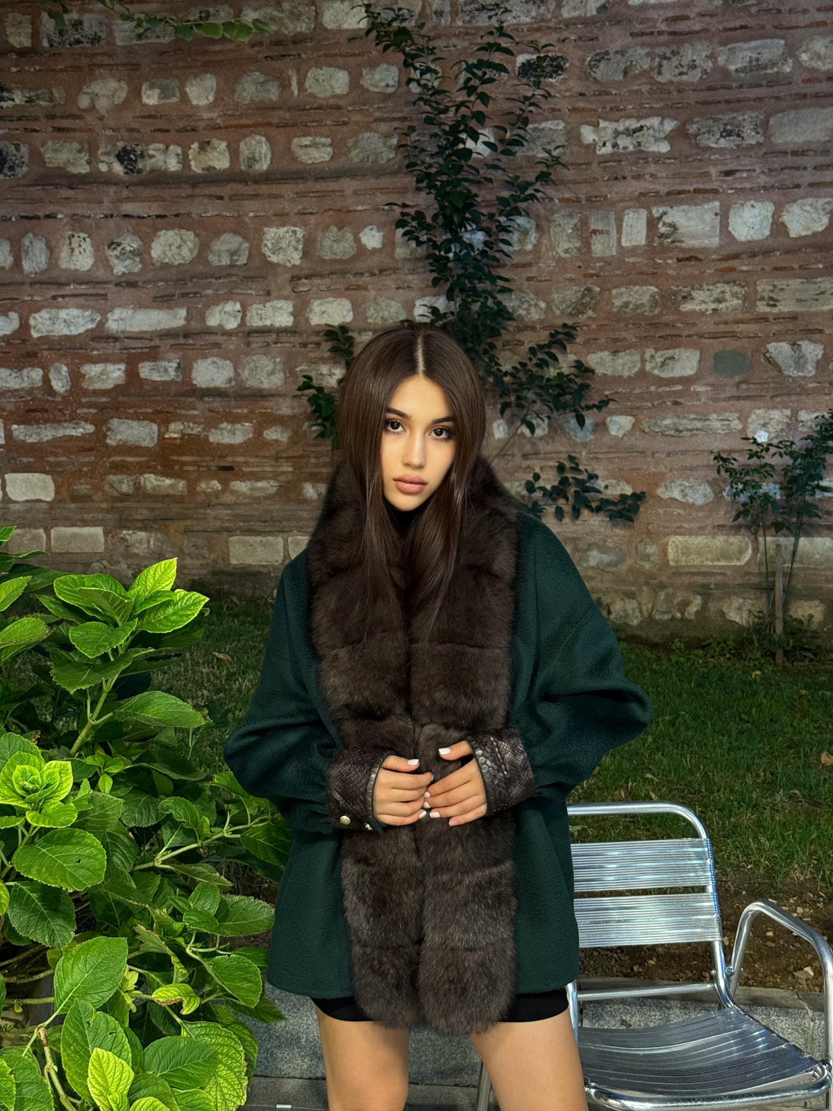 Emerald Green Zibellino Alpaca Jacket, Women’s Handmade Short Virgin Wool & Front Fox Fur Coat