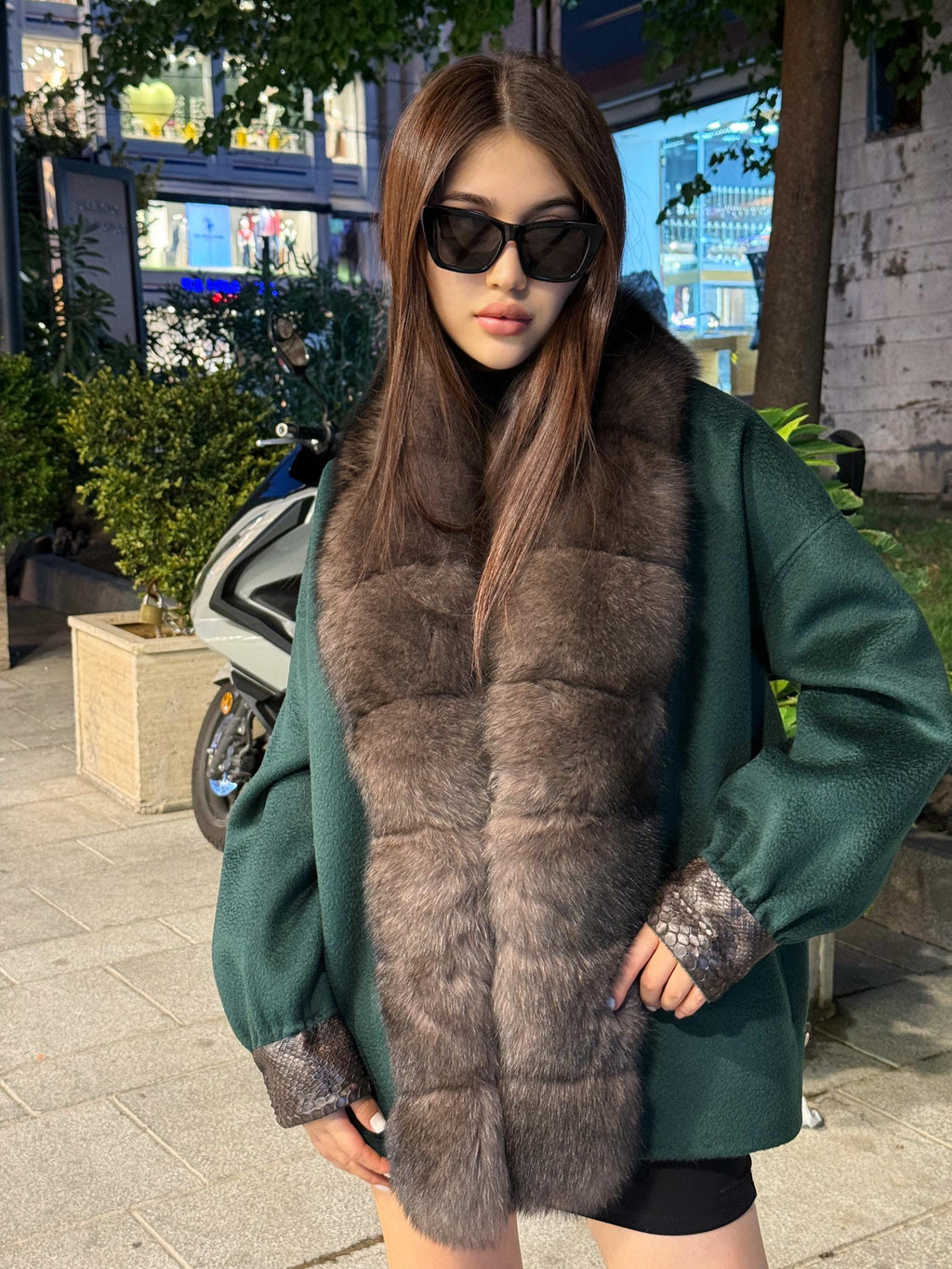 Emerald Green Zibellino Alpaca Jacket, Women’s Handmade Short Virgin Wool & Front Fox Fur Coat