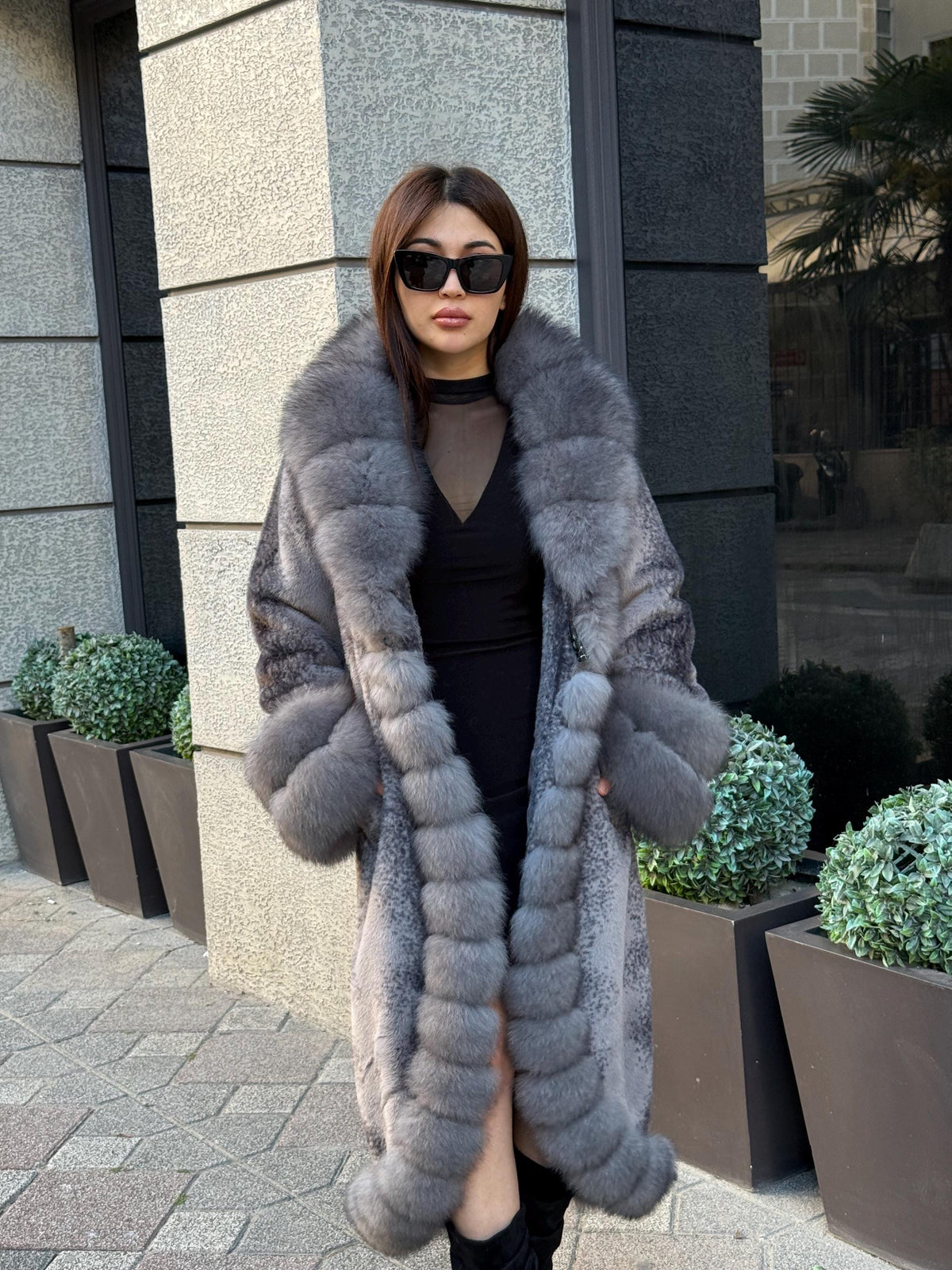 Gray Long Faux Mink Fur Coat - Front & Cuffs Genuine Fox Fur Jacket | Gray Fox Fur Coat
