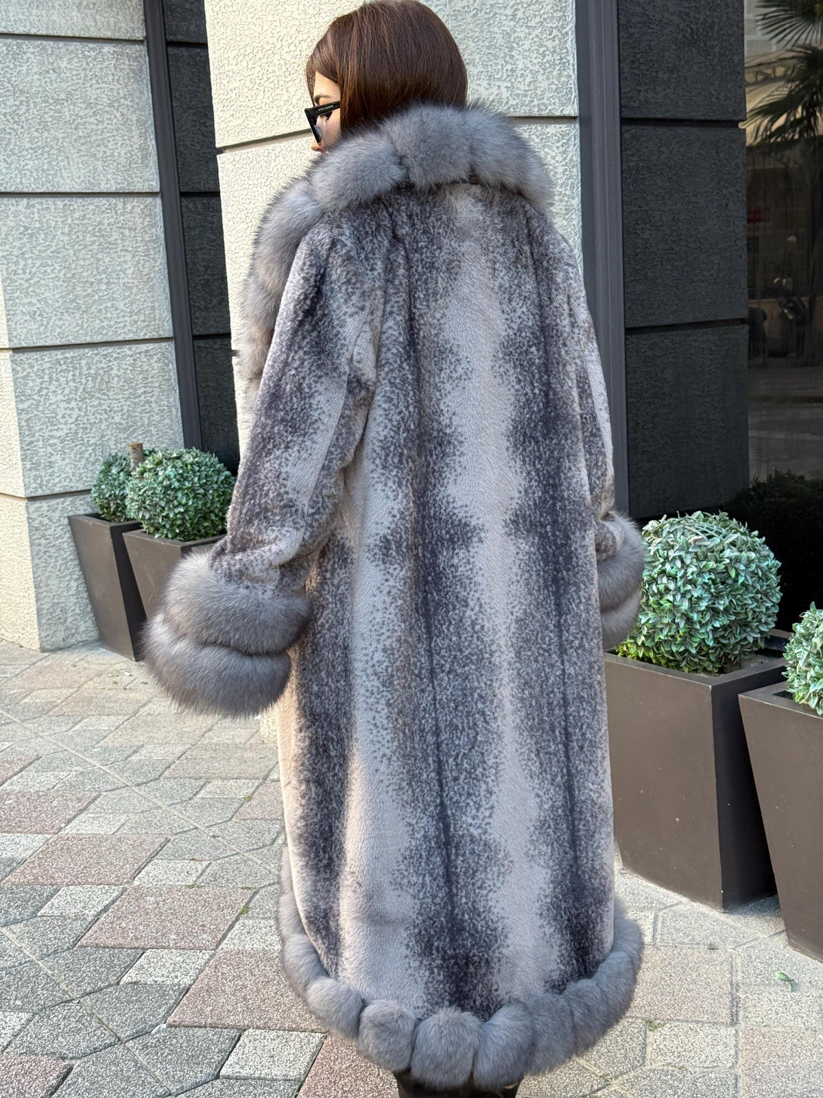 Gray Long Faux Mink Fur Coat - Front & Cuffs Genuine Fox Fur Jacket | Gray Fox Fur Coat