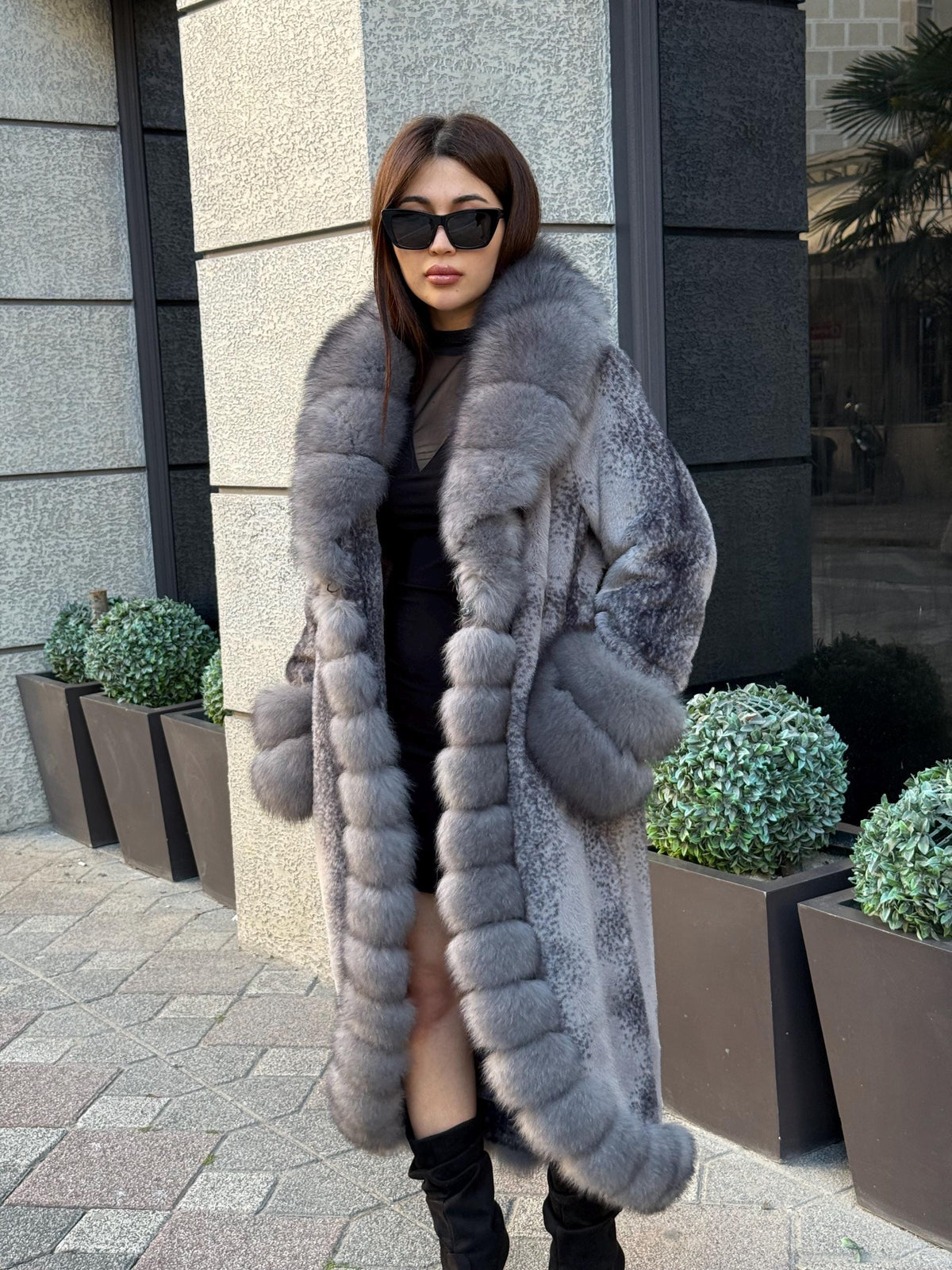 Gray Long Faux Mink Fur Coat - Front & Cuffs Genuine Fox Fur Jacket | Gray Fox Fur Coat