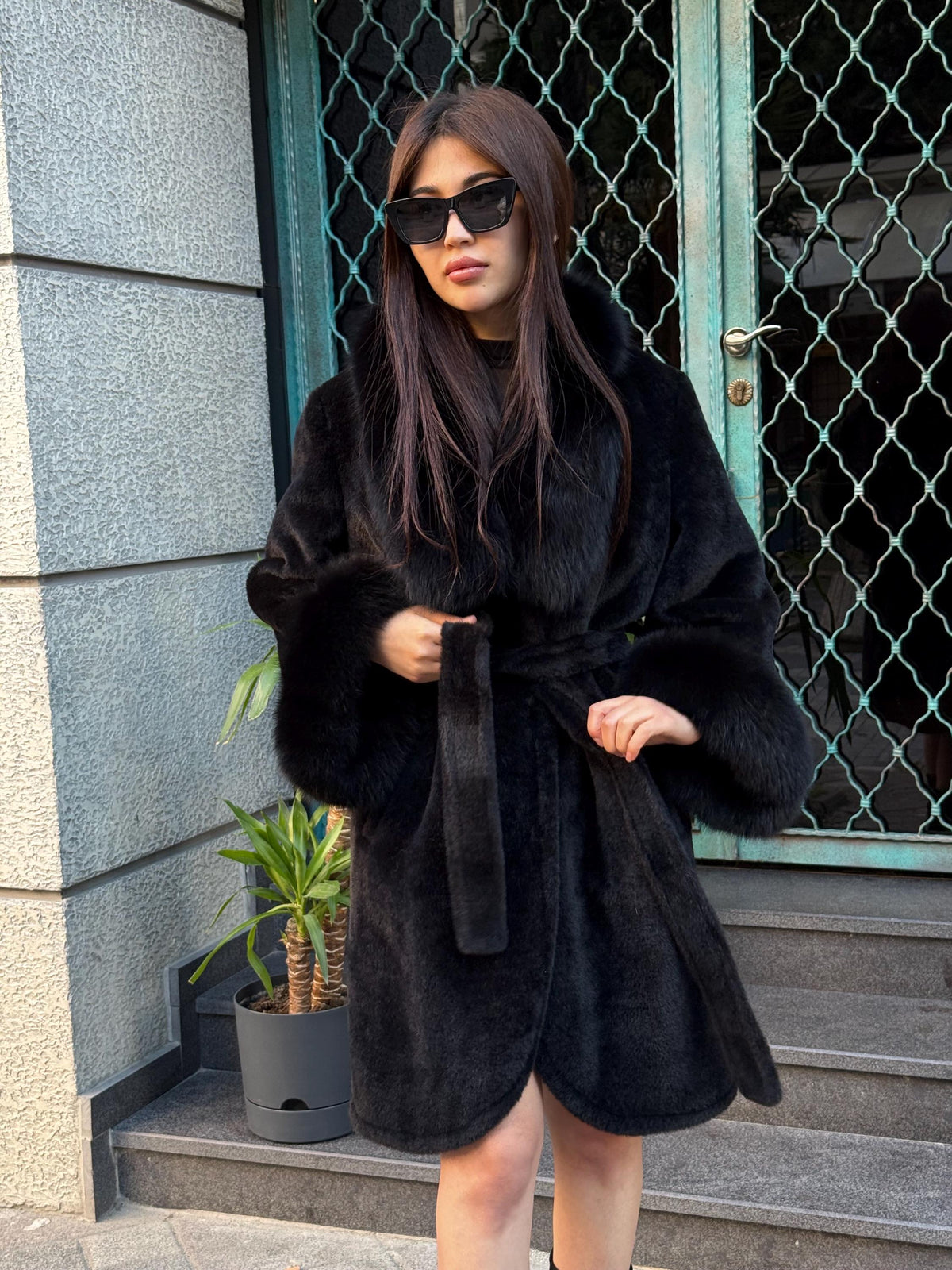 Black Alcantara Coat| Collar & Cuffs Fox Fur Jacket | Black Fox Fur Trim Coat