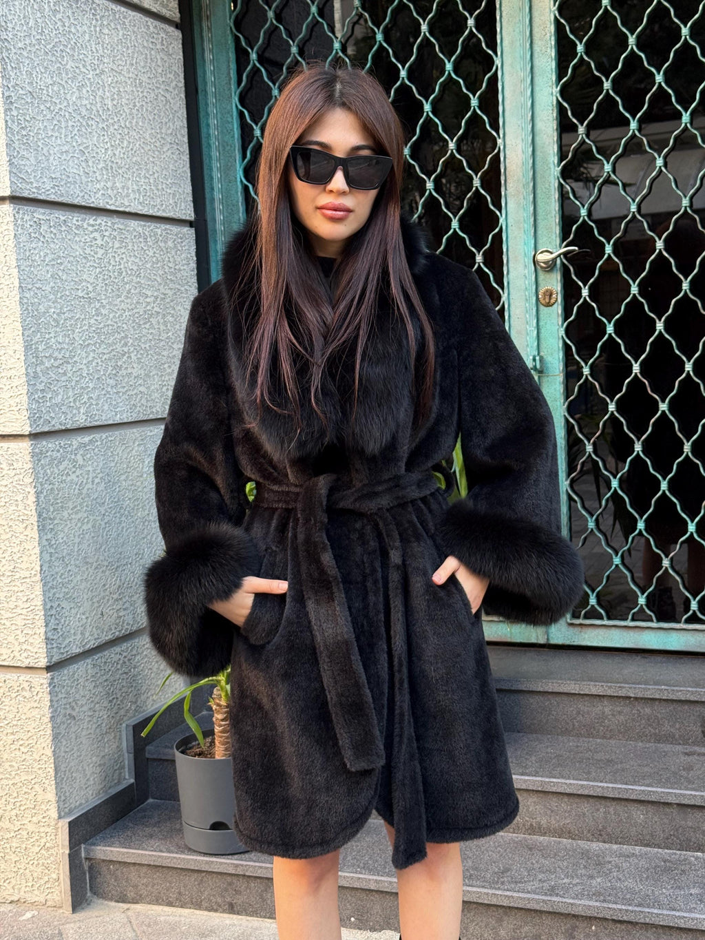 Black Alcantara Coat| Collar & Cuffs Fox Fur Jacket | Black Fox Fur Trim Coat