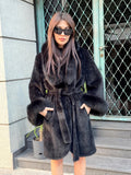 Black Alcantara Coat| Collar & Cuffs Fox Fur Jacket | Black Fox Fur Trim Coat