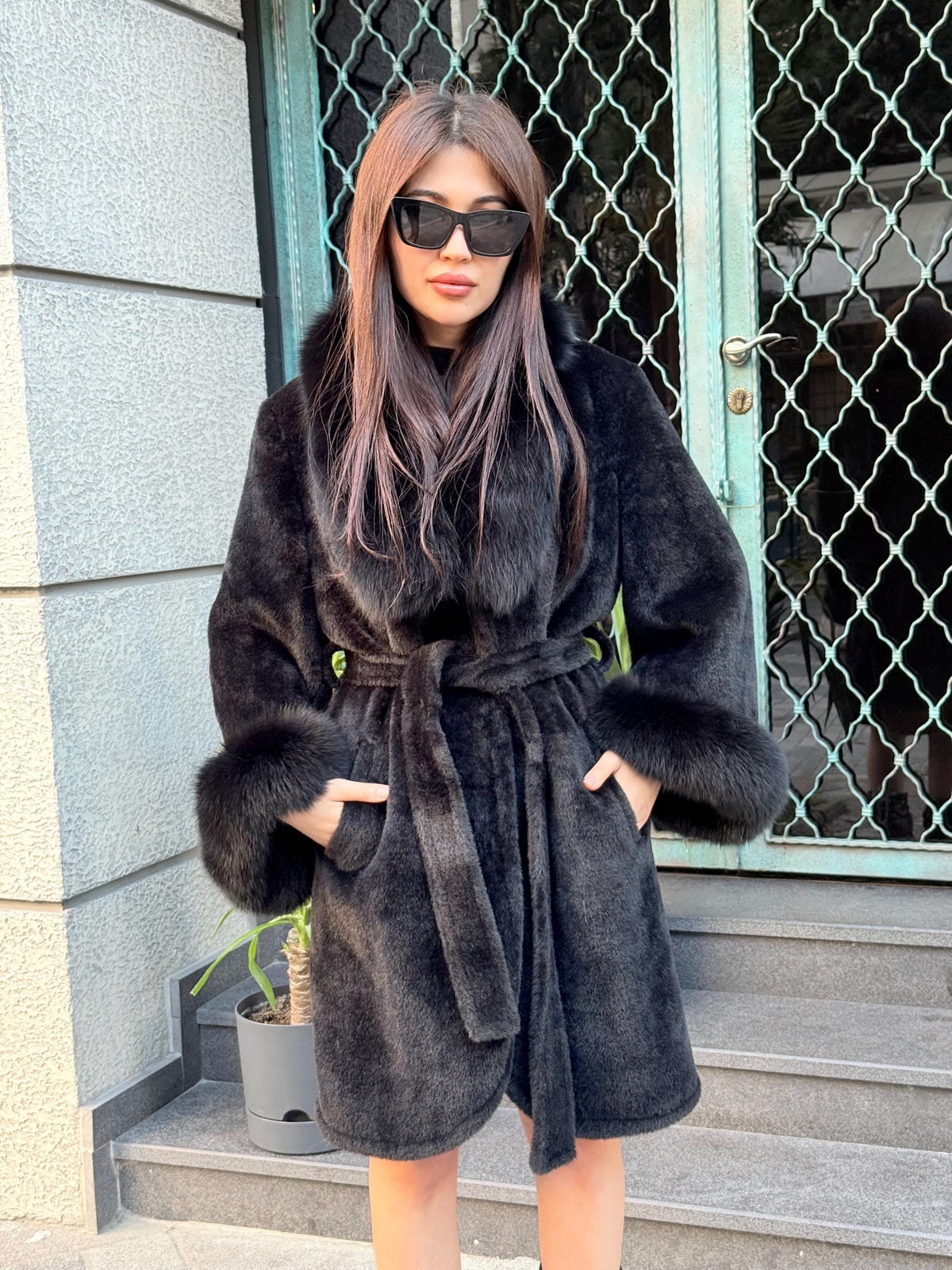 Black Alcantara Coat| Collar & Cuffs Fox Fur Jacket | Black Fox Fur Trim Coat