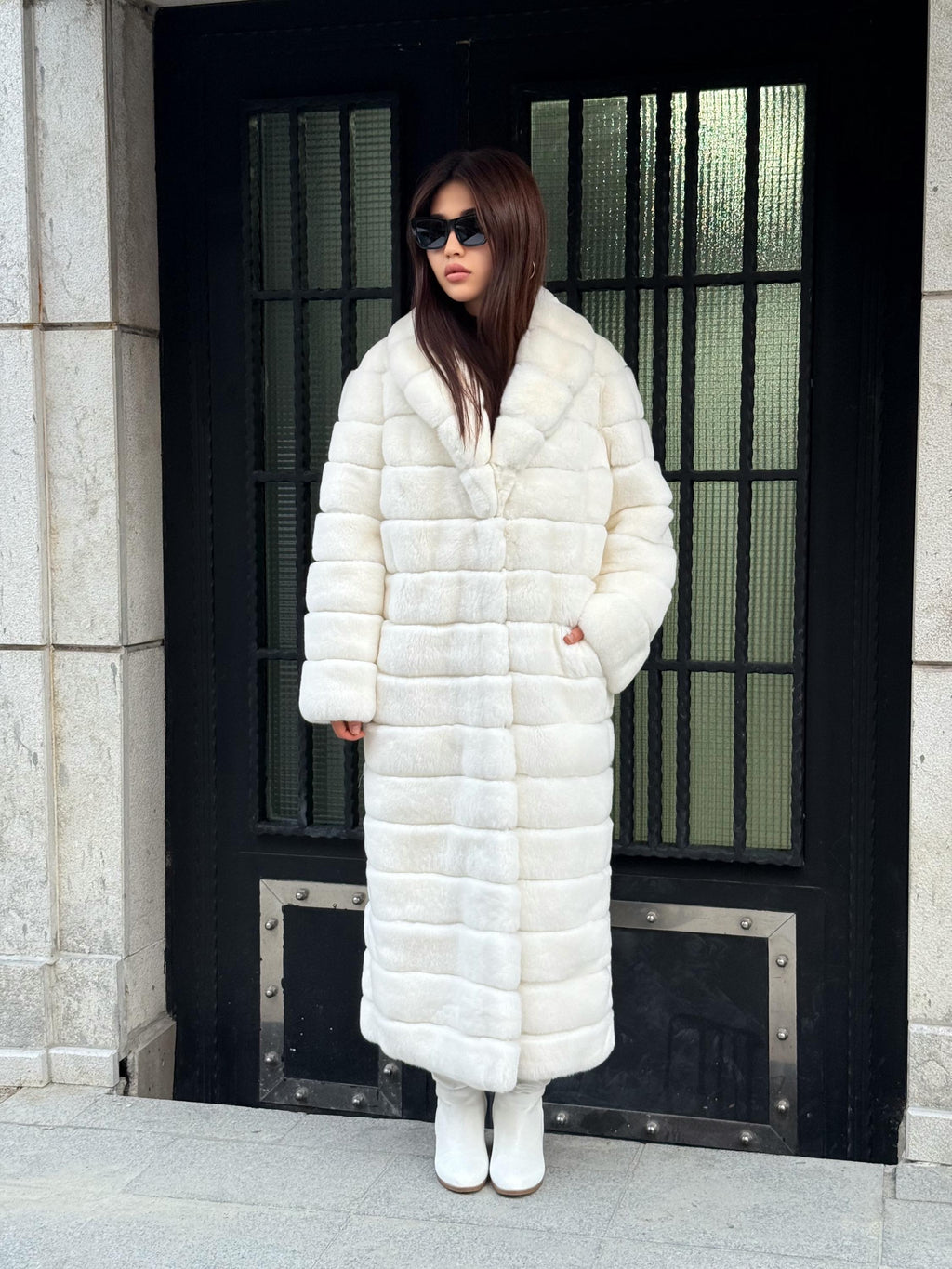 Women’s White Long Rex Fur Coat, Handmade Winter Rabbit Fur Jacket