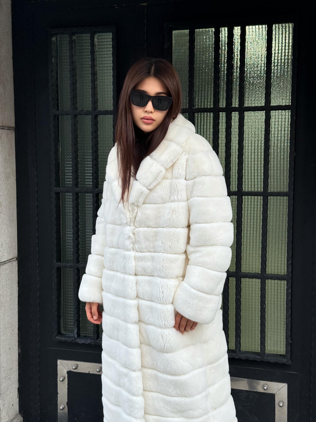 Women’s White Long Rex Fur Coat, Handmade Winter Rabbit Fur Jacket