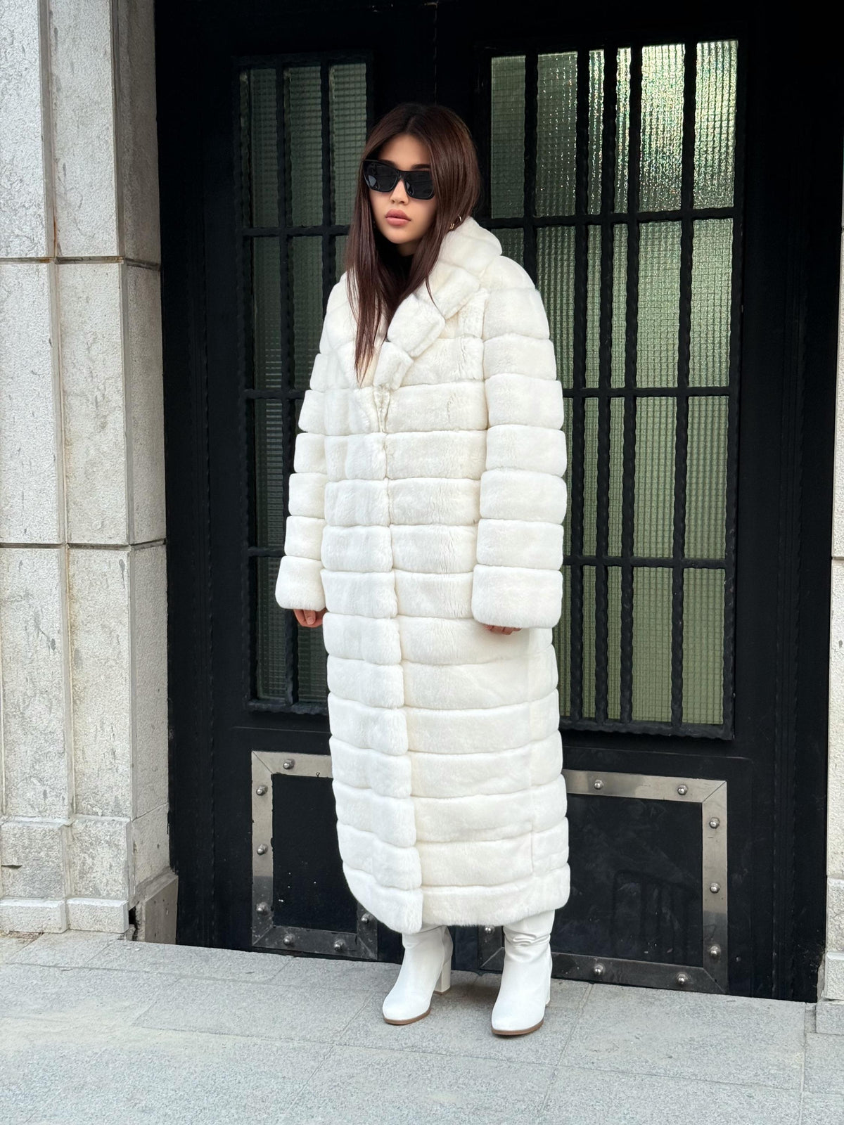 Women’s White Long Rex Fur Coat, Handmade Winter Rabbit Fur Jacket