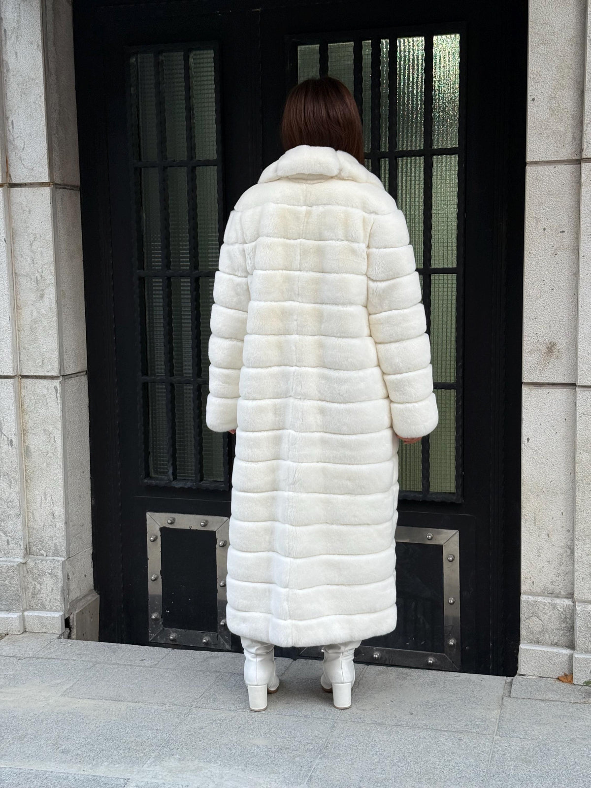 Women’s White Long Rex Fur Coat, Handmade Winter Rabbit Fur Jacket