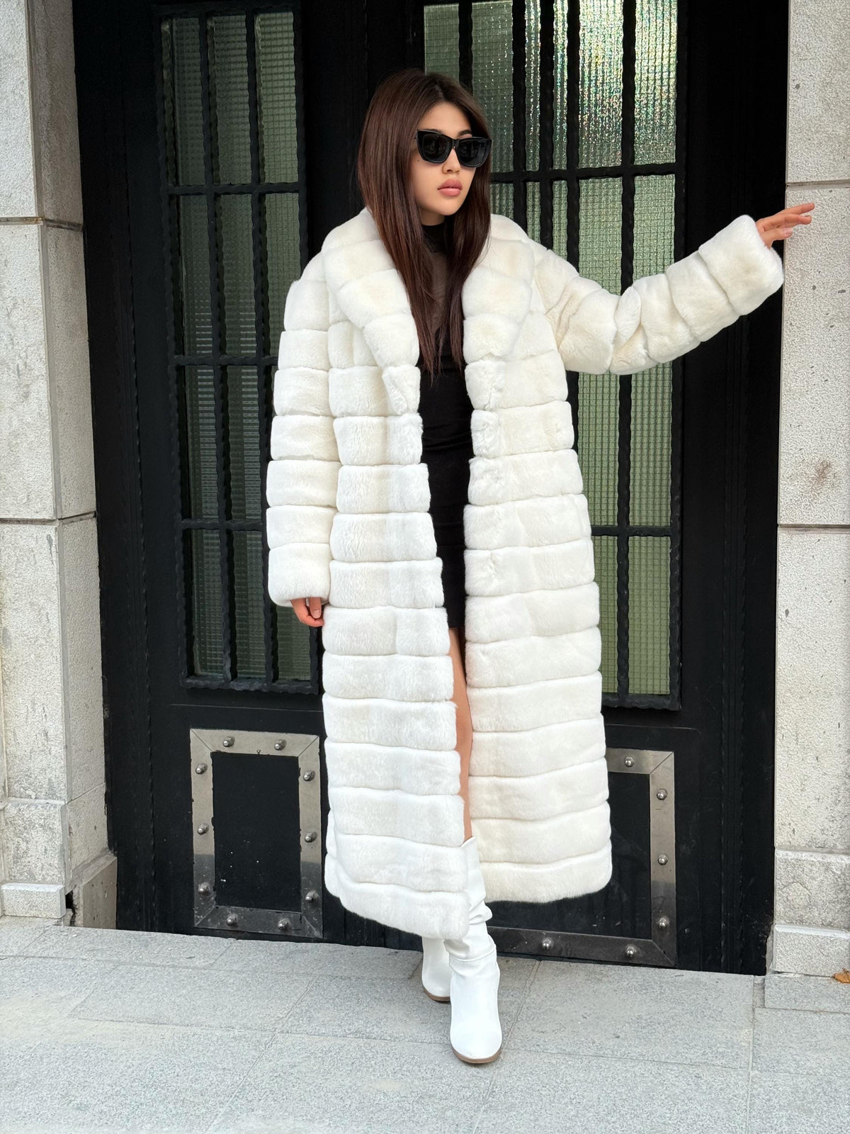 Women’s White Long Rex Fur Coat, Handmade Winter Rabbit Fur Jacket