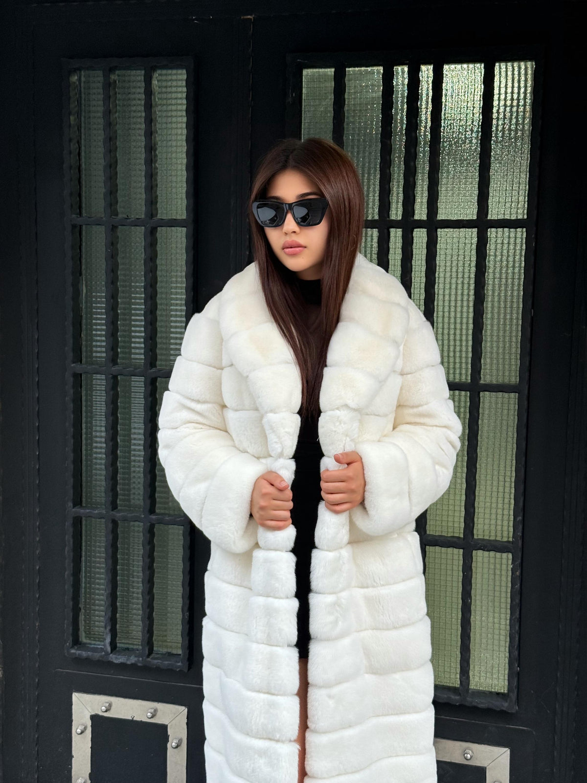 Women’s White Long Rex Fur Coat, Handmade Winter Rabbit Fur Jacket