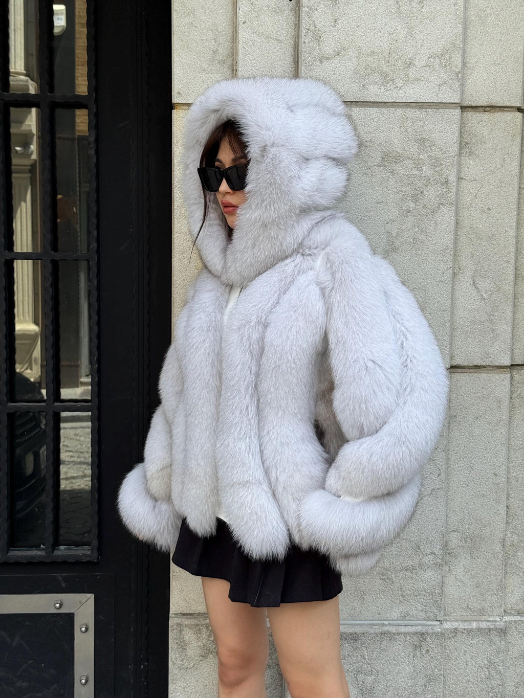 White Fox Fur Jacket, Women’s Hooded Short Fur Coat