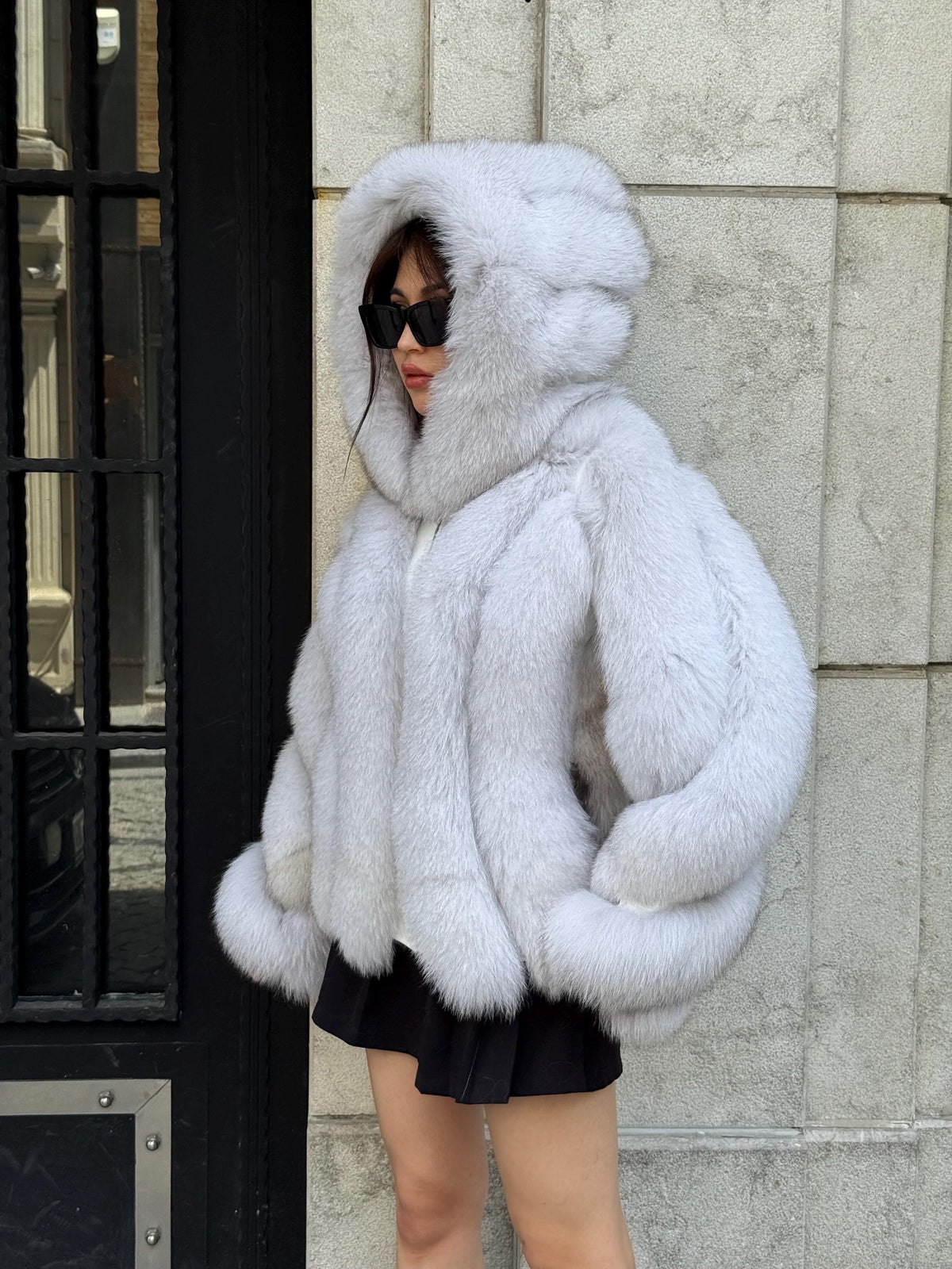 White Fox Fur Jacket, Women’s Hooded Short Fur Coat