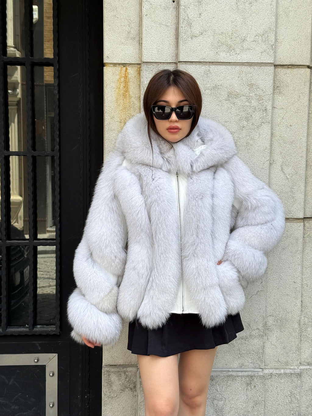 White Fox Fur Jacket, Women’s Hooded Short Fur Coat