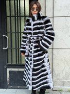 Handmade Rex Rabbit Fur Coat: Chinchilla Pattern, Full-Length Luxury Long Coat