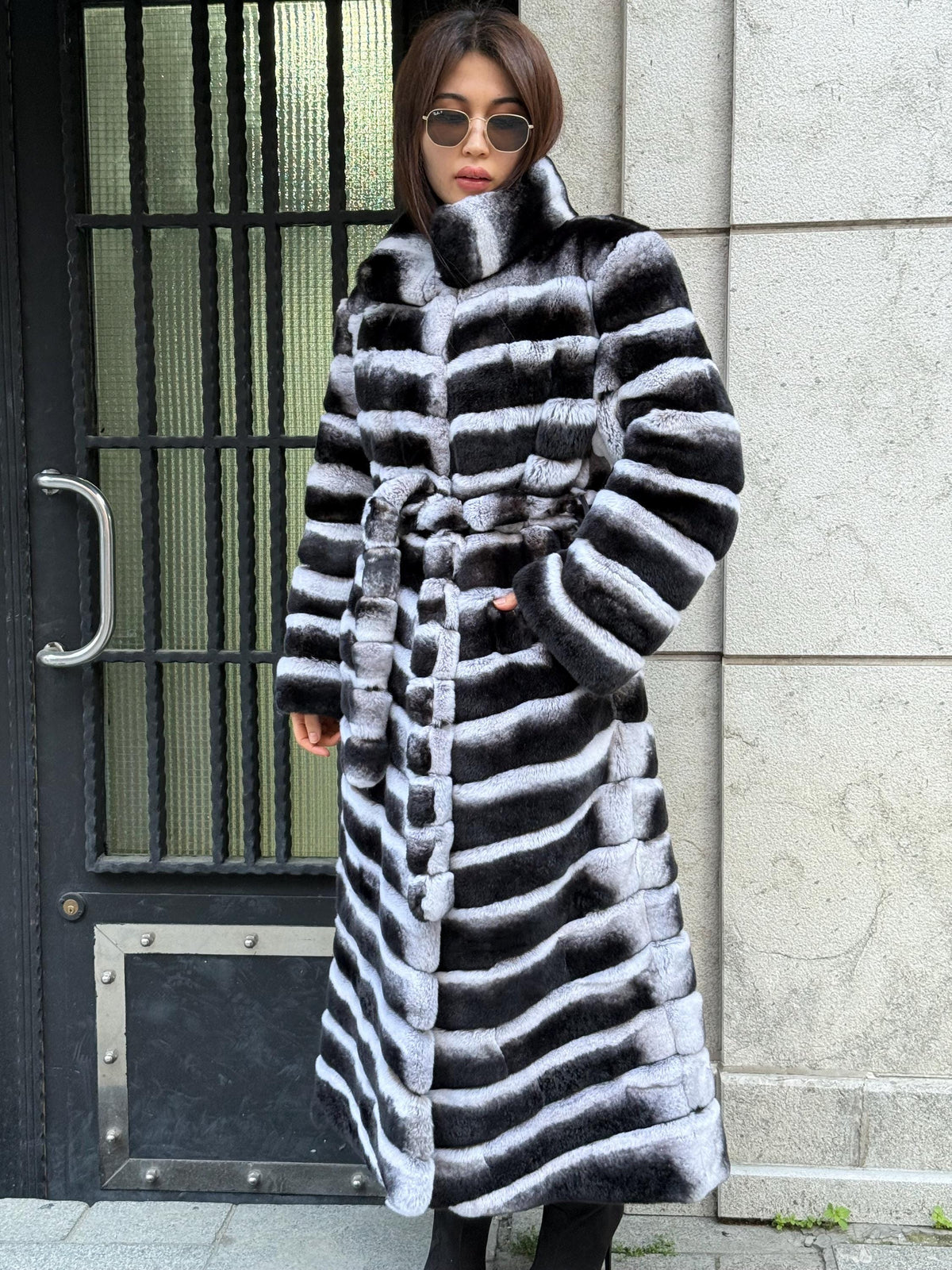 Handmade Rex Rabbit Fur Coat: Chinchilla Pattern, Full-Length Luxury Long Coat