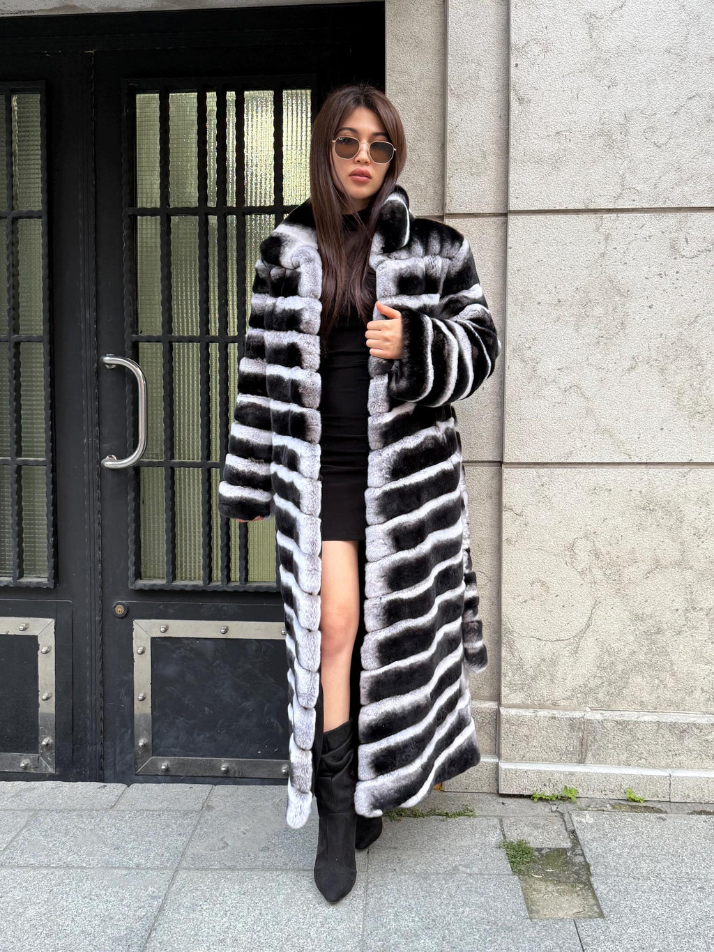 Handmade Rex Rabbit Fur Coat: Chinchilla Pattern, Full-Length Luxury Long Coat