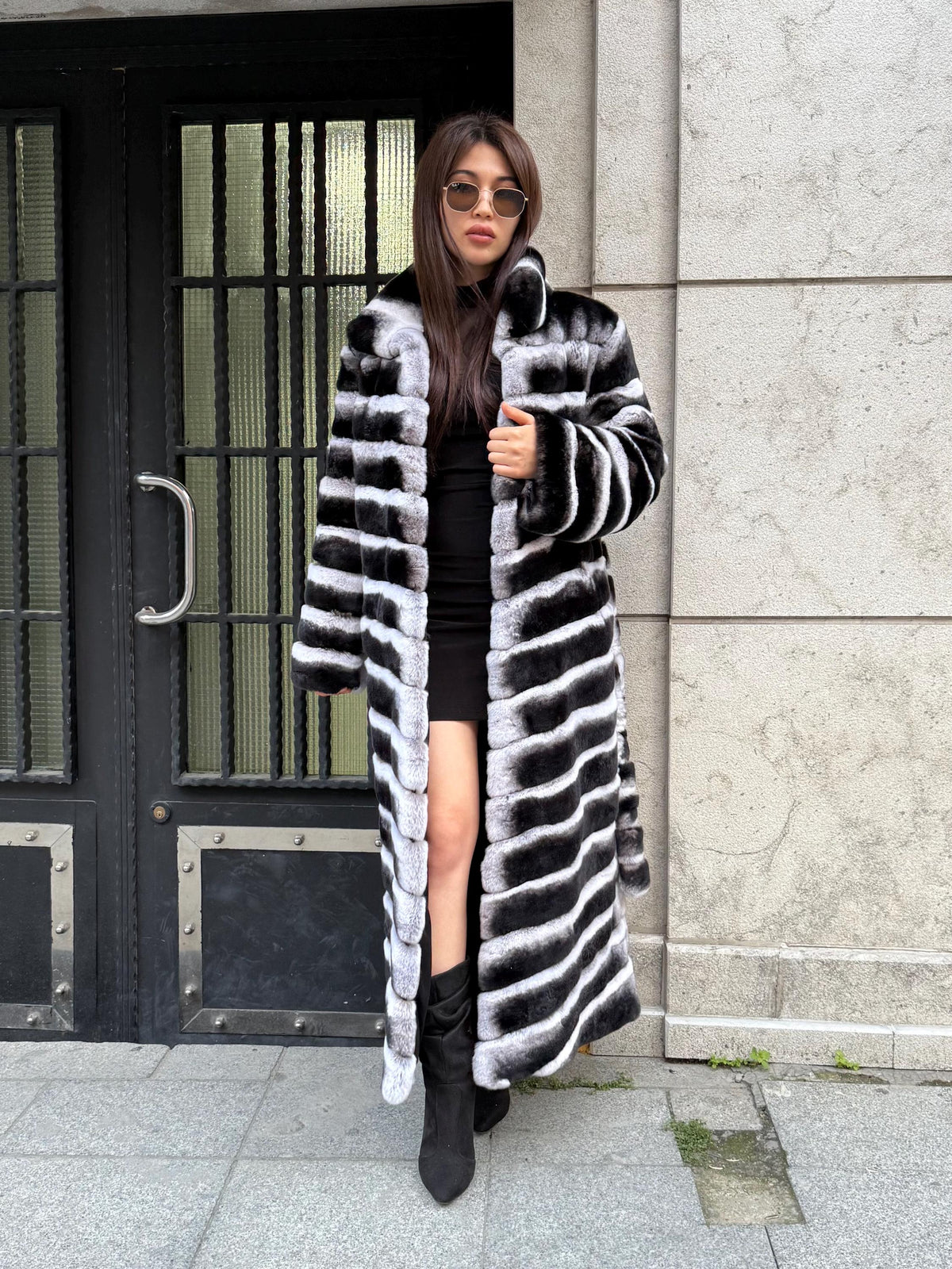 Handmade Rex Rabbit Fur Coat: Chinchilla Pattern, Full-Length Luxury Long Coat