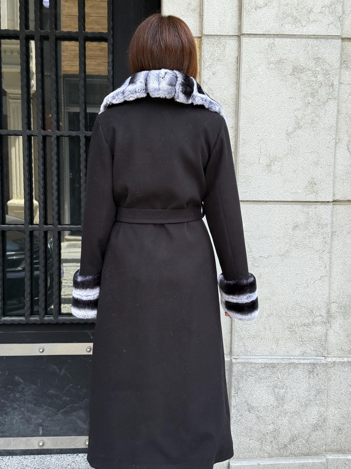 Black Long Cashmere Coat, Collar Cuffs Detachable Rabbit Rex Fur , Handmade Women Winter Coat