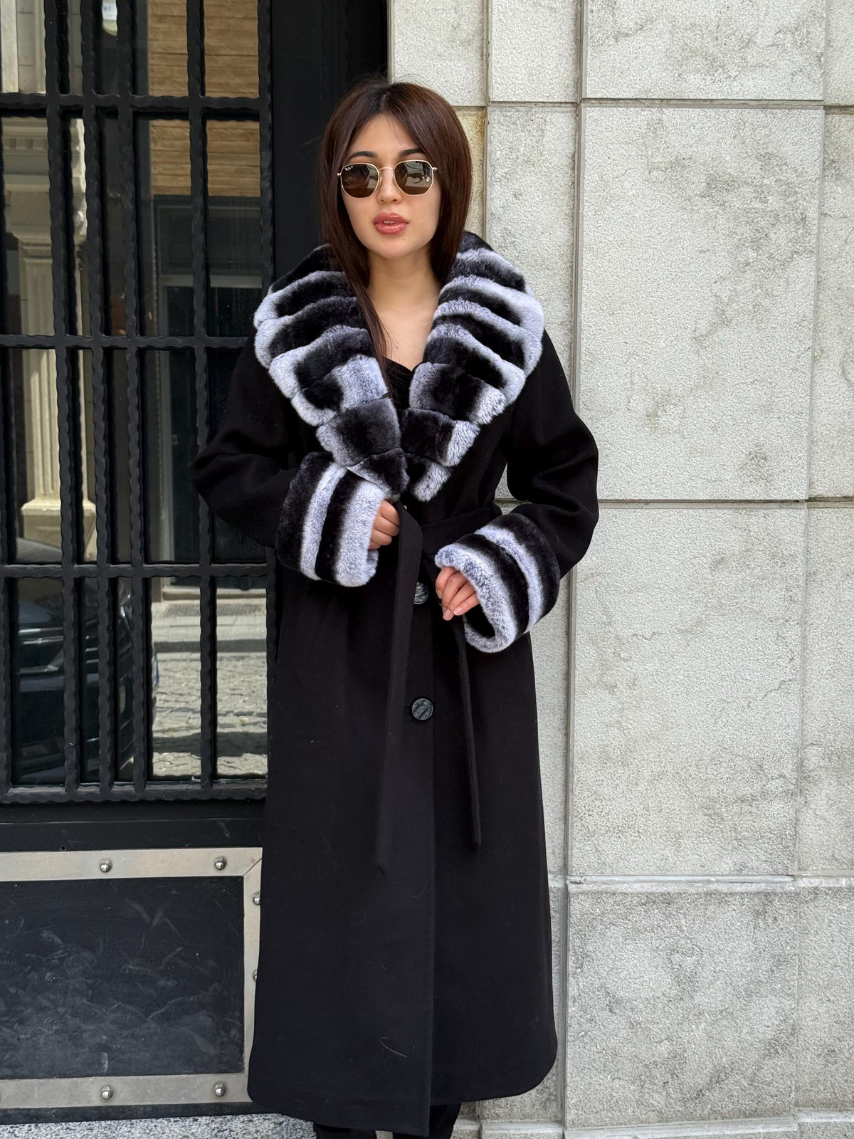 Black Long Cashmere Coat, Collar Cuffs Detachable Rabbit Rex Fur , Handmade Women Winter Coat
