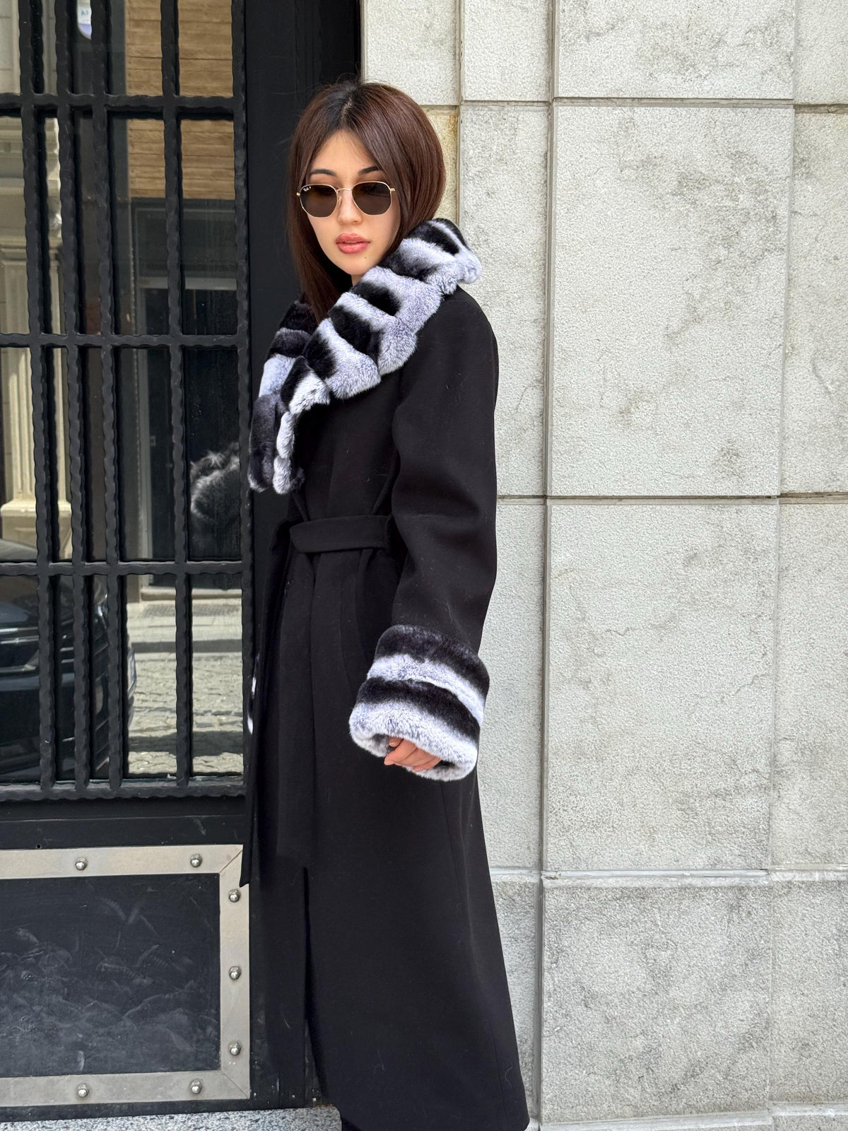 Black Long Cashmere Coat, Collar Cuffs Detachable Rabbit Rex Fur , Handmade Women Winter Coat